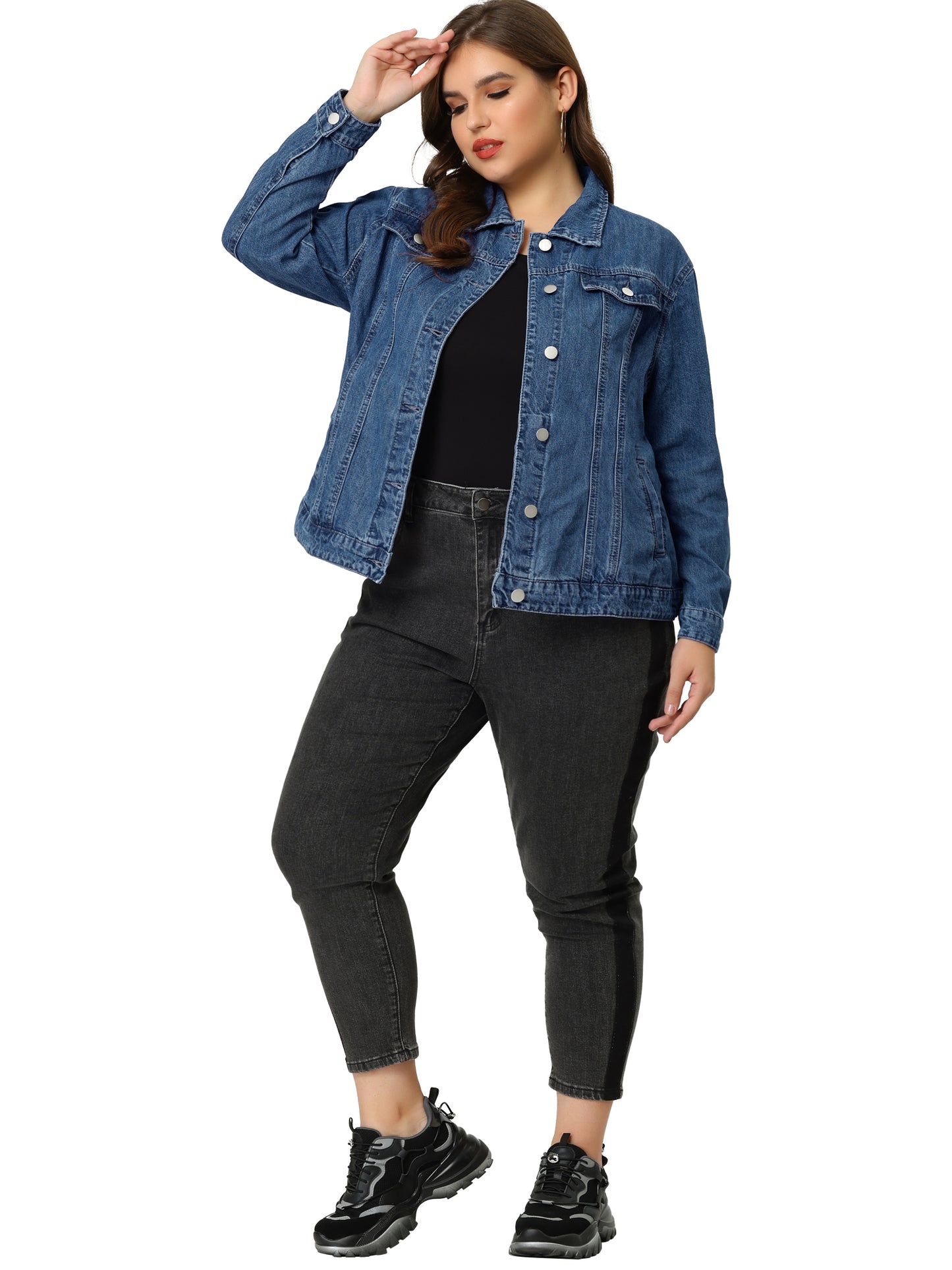 Women's Plus Size Jean Jacket Stitching Button Front Washed Denim Jacket