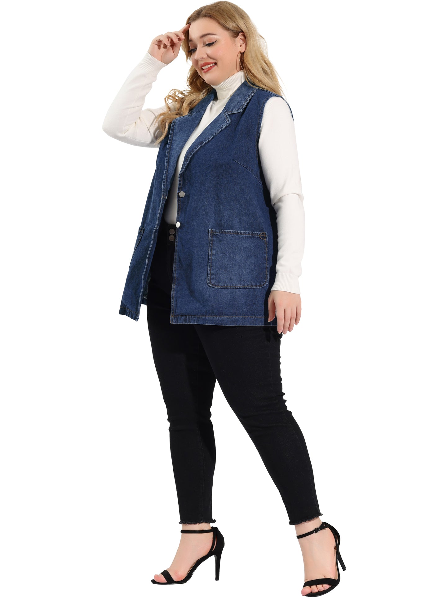 Women Plus Size Denim Vest Sleeveless Lapel Casual Long Jean Jackets Tunic Vest