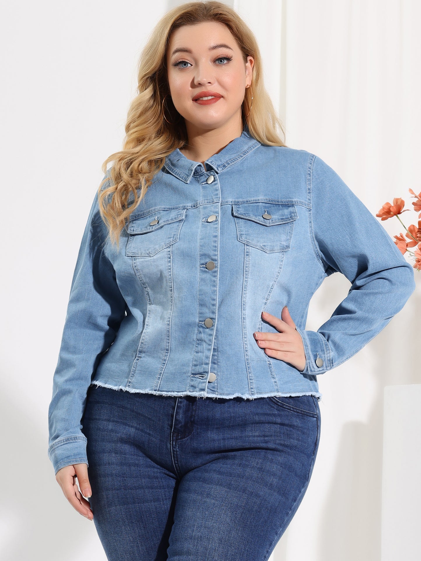 Women's Plus Size Classic Washed Front Frayed Denim Jacket