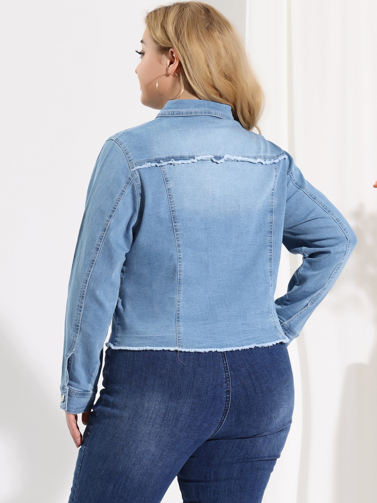 Women's Plus Size Classic Washed Front Frayed Denim Jacket