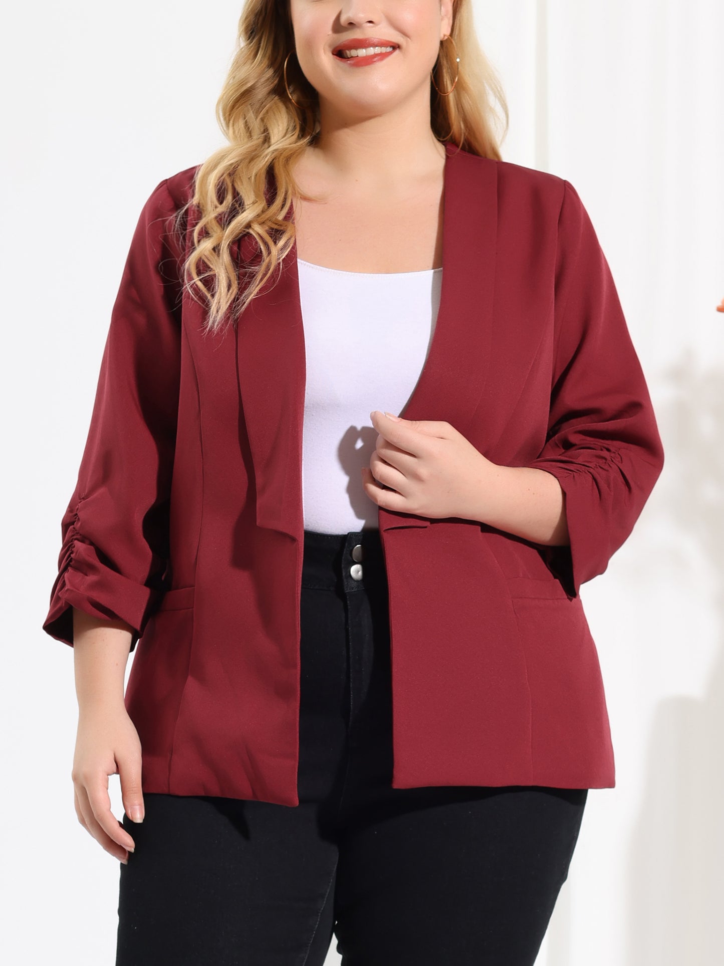 Women's Plus Size Shawl Collar Open Front 3/4 Ruched Sleeve Work Office Lightweight Blazer