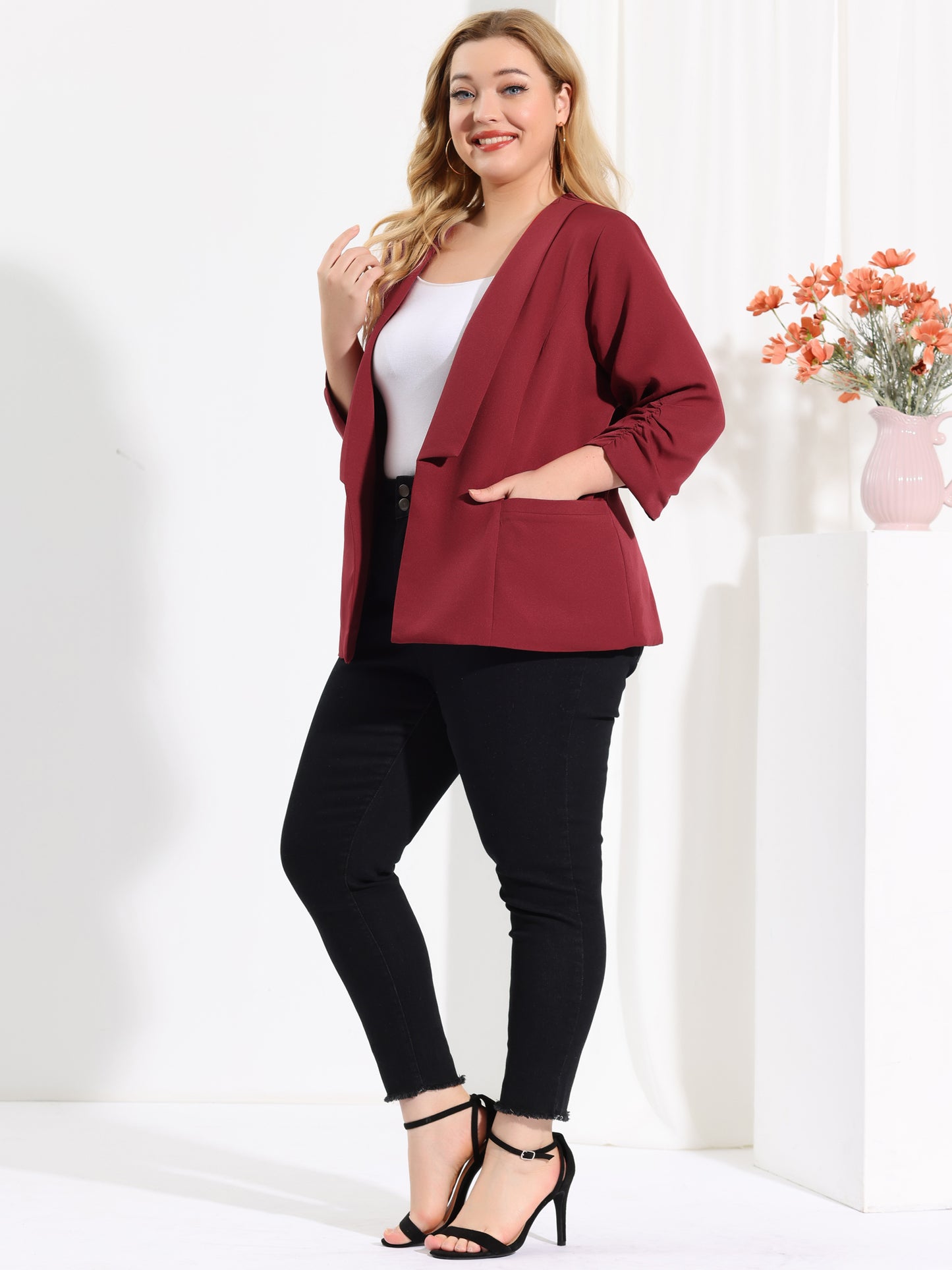 Women's Plus Size Shawl Collar Open Front 3/4 Ruched Sleeve Work Office Lightweight Blazer