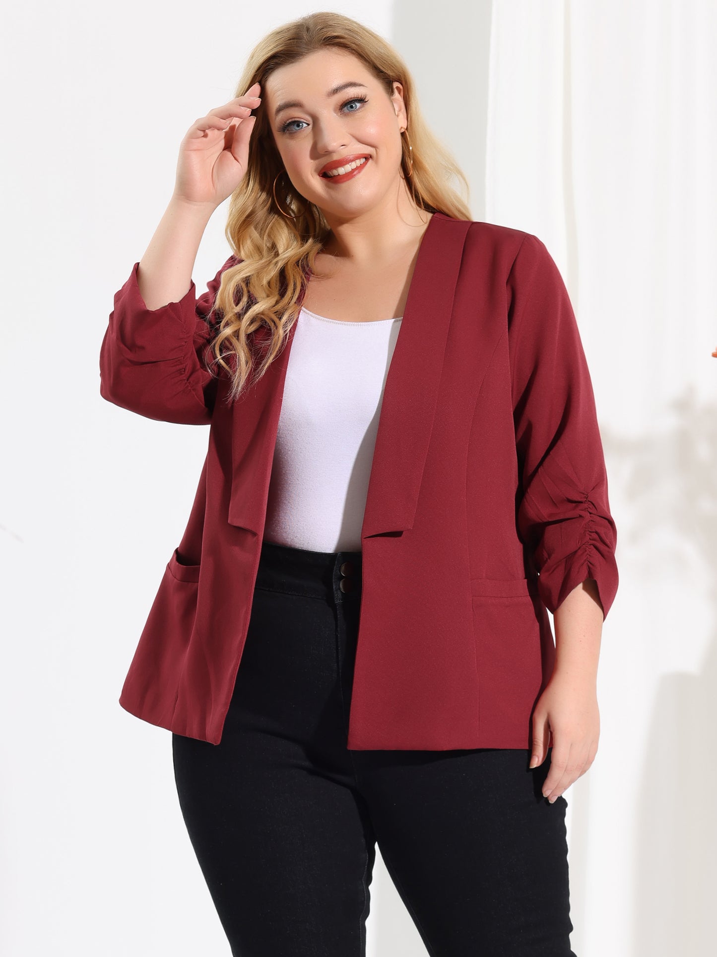 Women's Plus Size Shawl Collar Open Front 3/4 Ruched Sleeve Work Office Lightweight Blazer