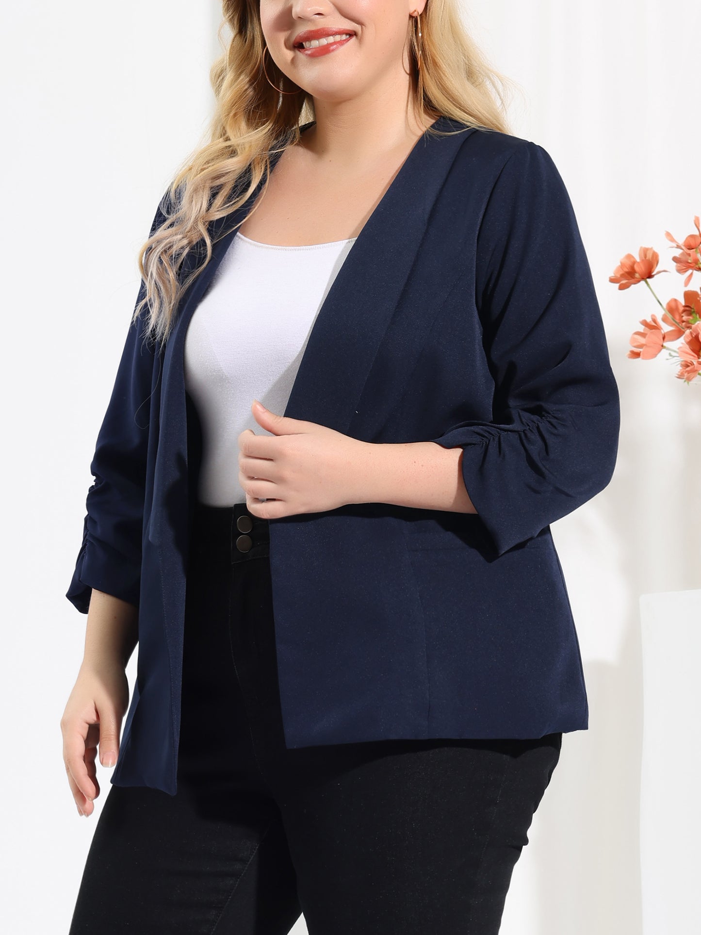 Women's Plus Size Shawl Collar Open Front 3/4 Ruched Sleeve Work Office Lightweight Blazer