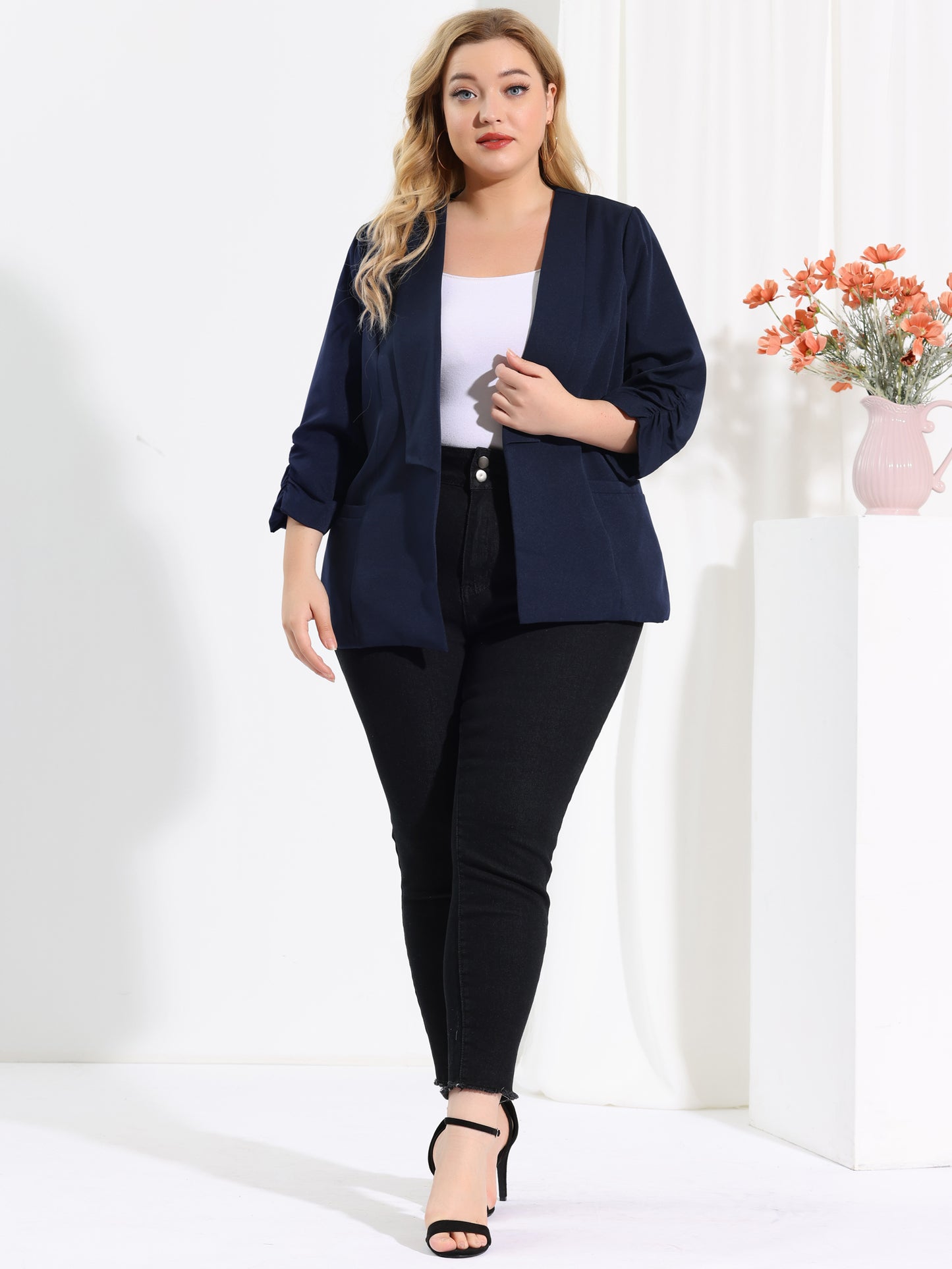 Women's Plus Size Shawl Collar Open Front 3/4 Ruched Sleeve Work Office Lightweight Blazer
