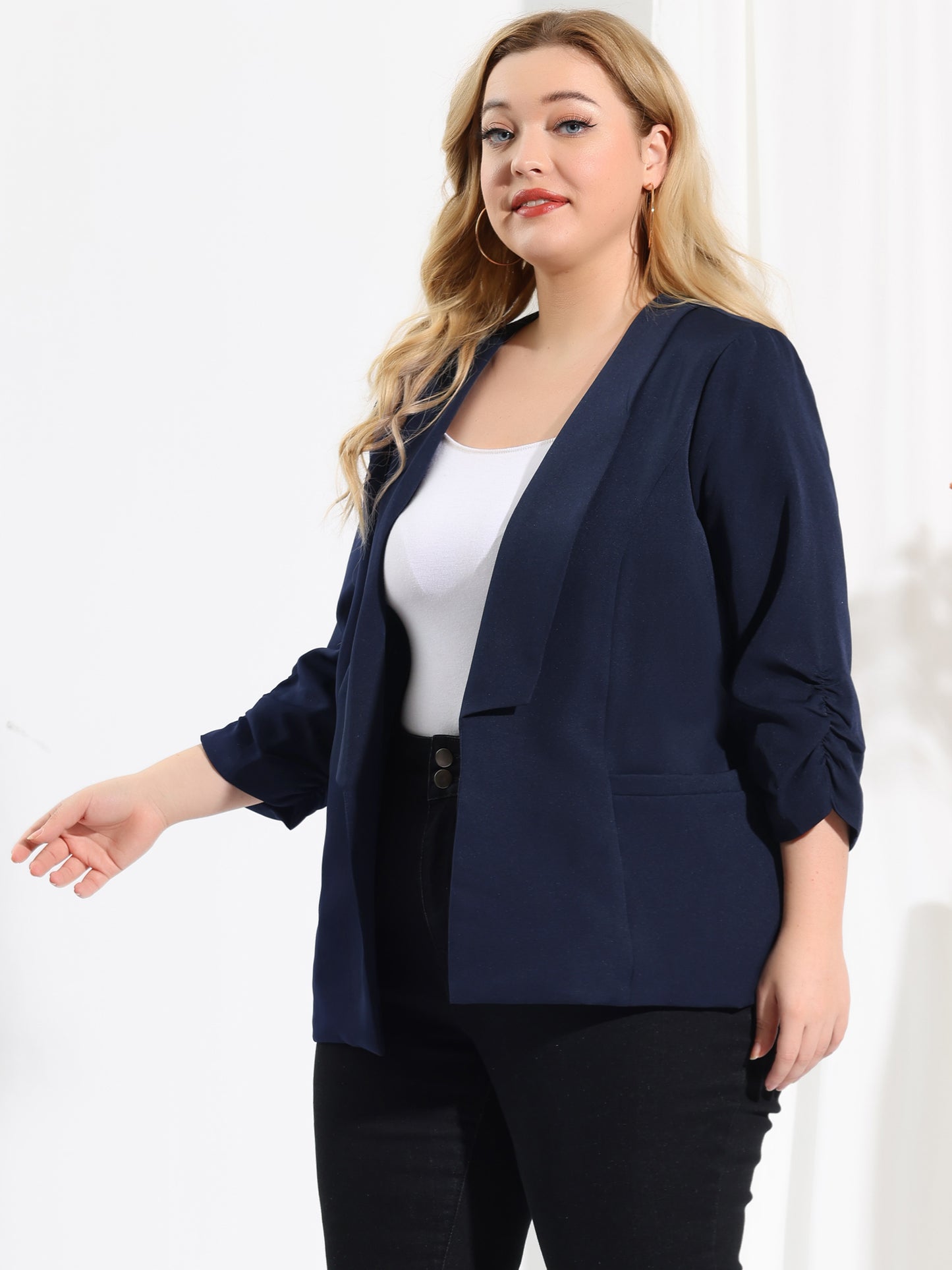 Women's Plus Size Shawl Collar Open Front 3/4 Ruched Sleeve Work Office Lightweight Blazer