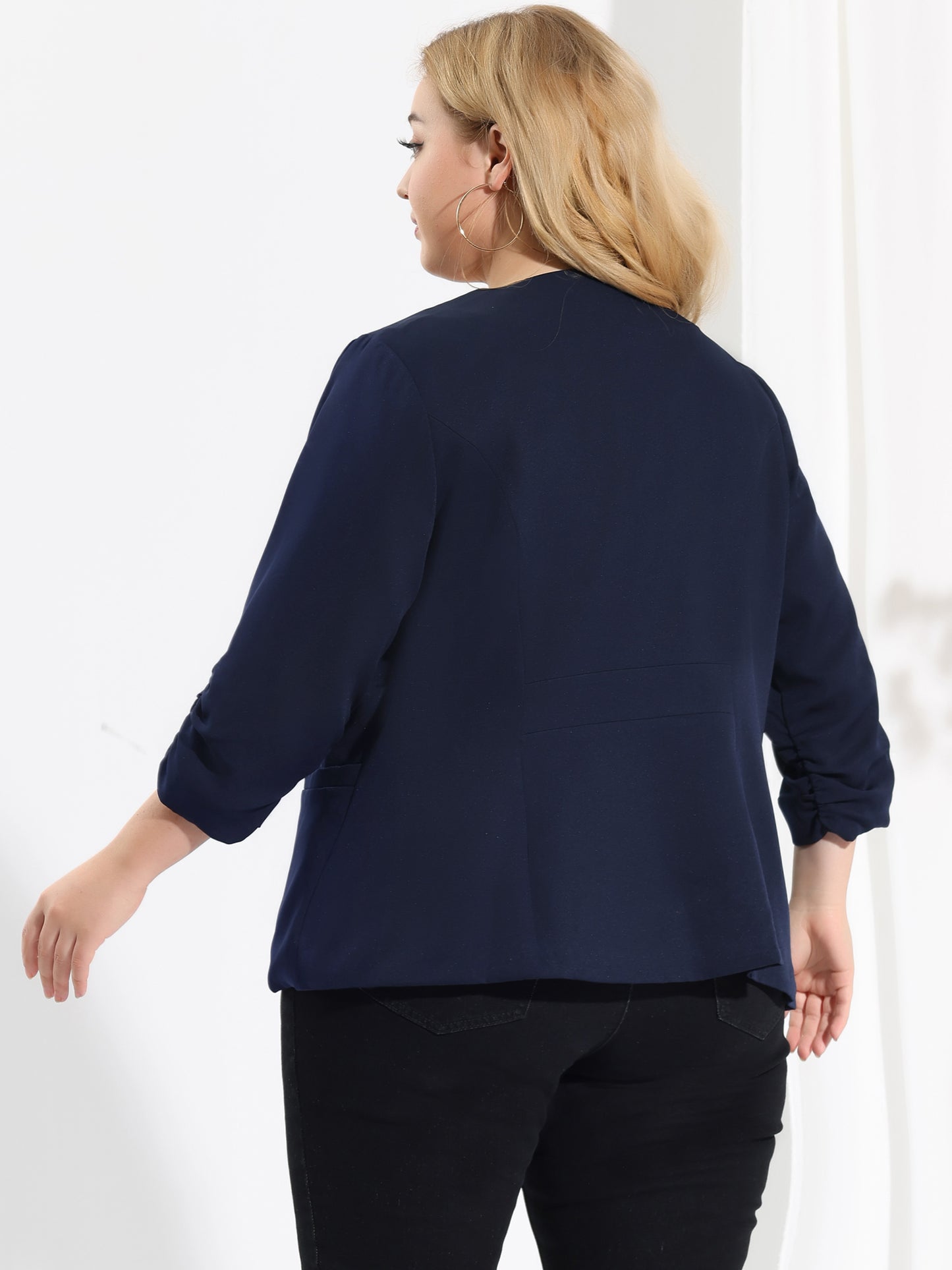 Women's Plus Size Shawl Collar Open Front 3/4 Ruched Sleeve Work Office Lightweight Blazer