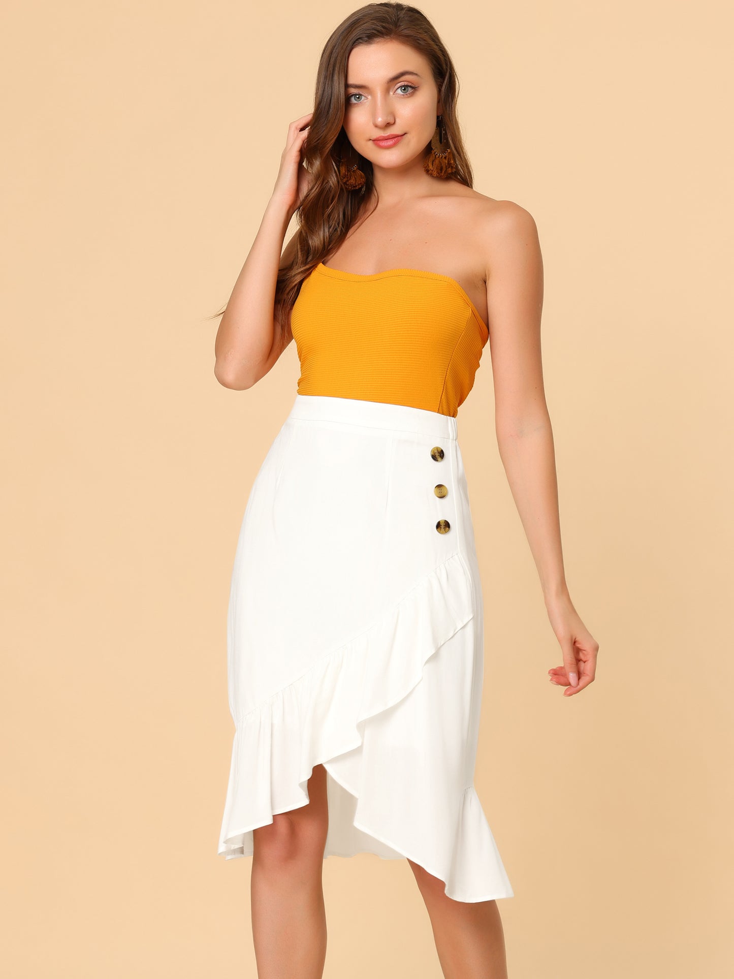 Women's High Waisted Button Decor Asymmetrical Ruffle Hem Skirt