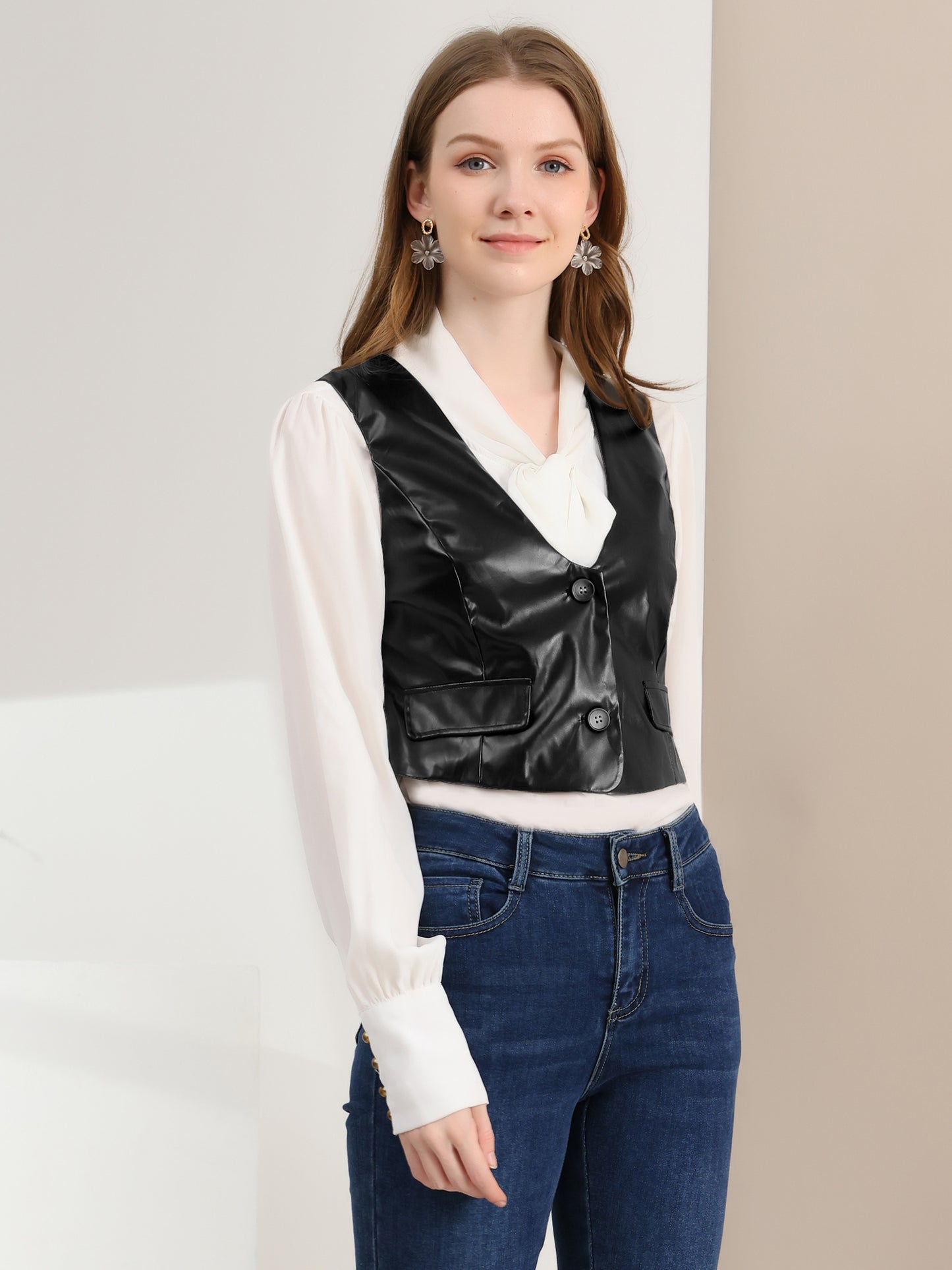 Women's Racerback Suit Vest Sleeveless Versatile PU Faux Leather Vest
