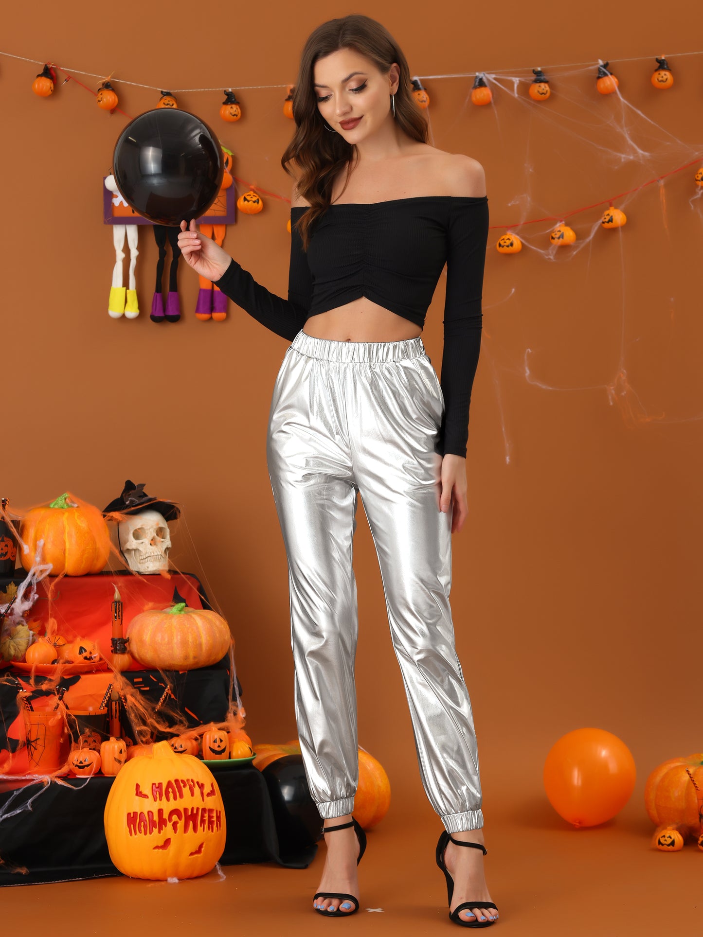 Women's Metallic Trousers Festive Shiny Sparkle Elastic Waist Holographic Pants (Available in Plus Size)