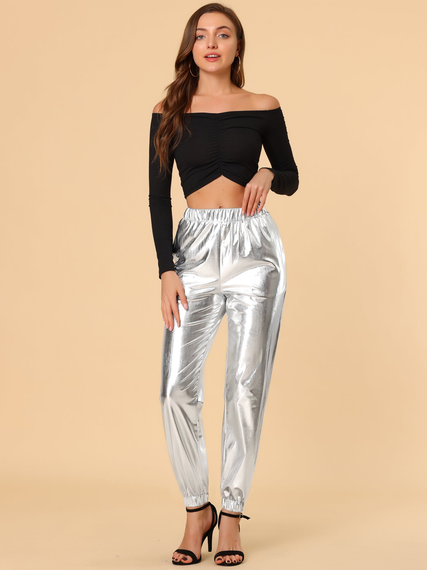 Women's Metallic Trousers Festive Shiny Sparkle Elastic Waist Holographic Pants (Available in Plus Size)