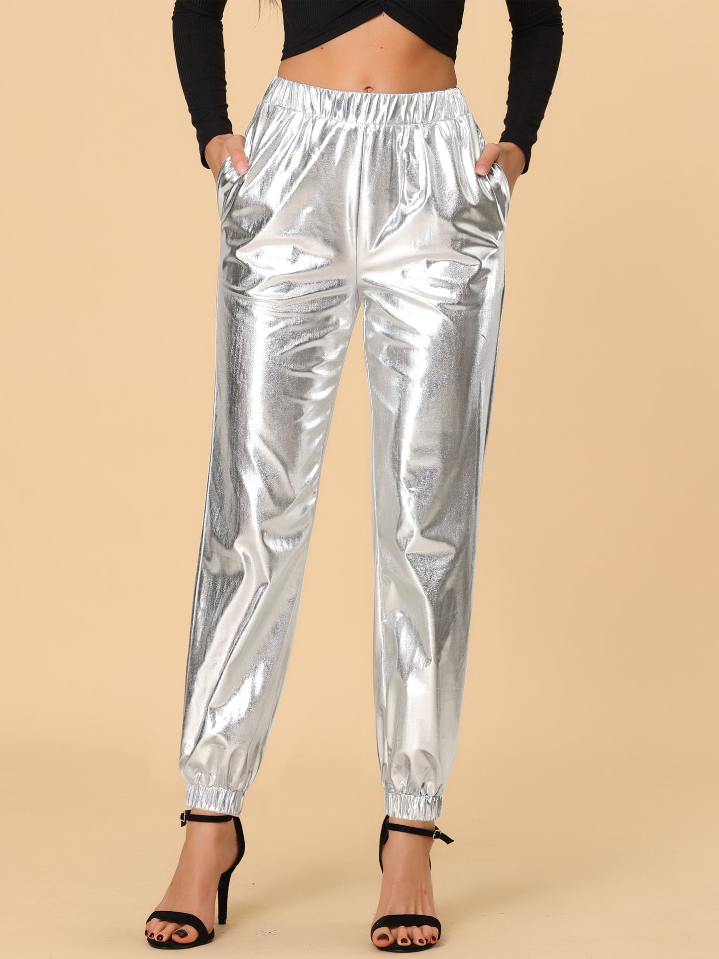Women's Metallic Trousers Festive Shiny Sparkle Elastic Waist Holographic Pants (Available in Plus Size)