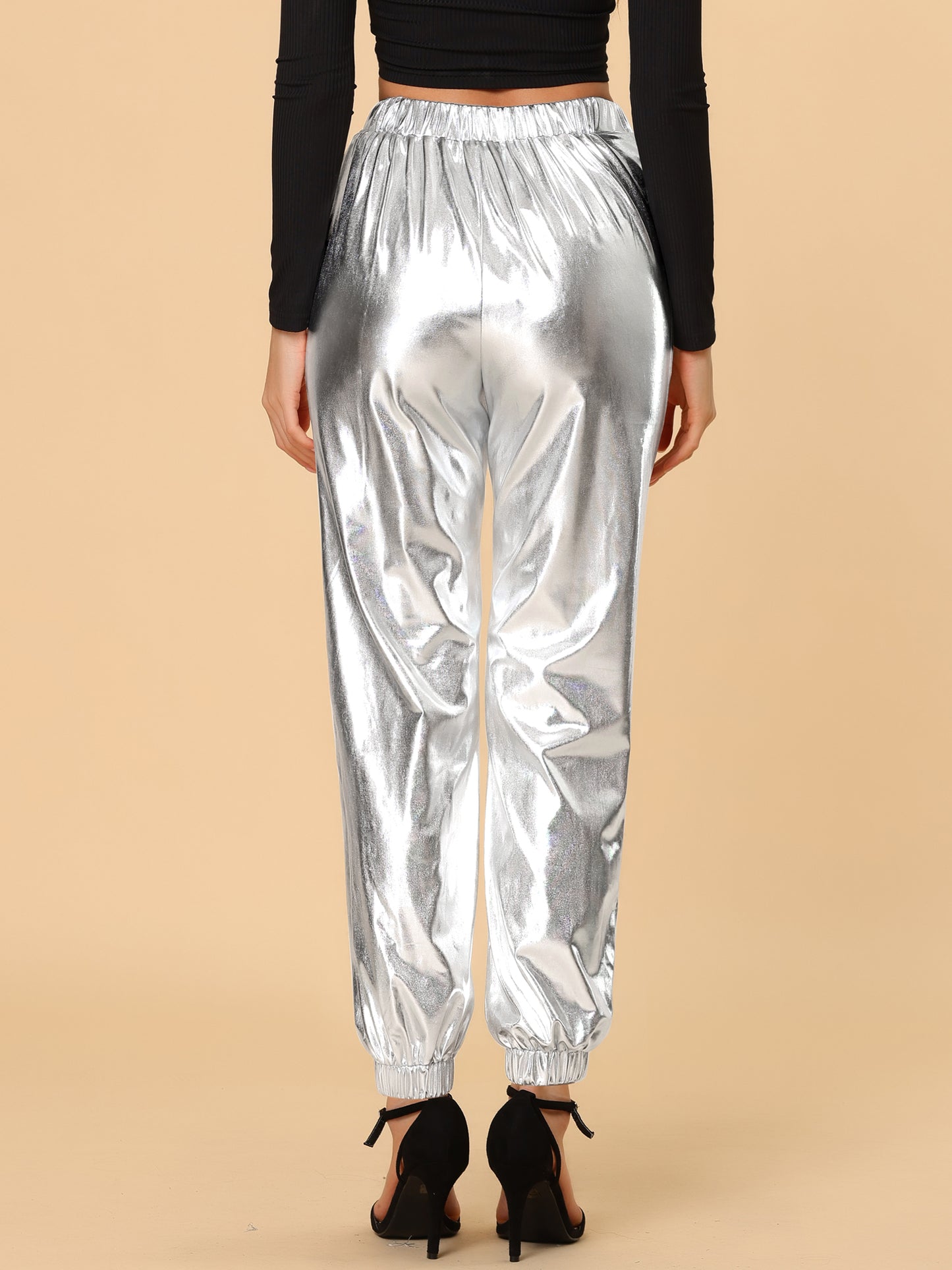 Women's Metallic Trousers Festive Shiny Sparkle Elastic Waist Holographic Pants (Available in Plus Size)