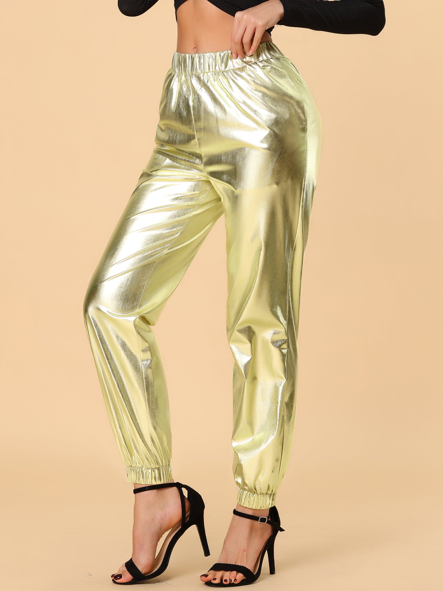 Women's Metallic Trousers Festive Shiny Sparkle Elastic Waist Holographic Pants (Available in Plus Size)