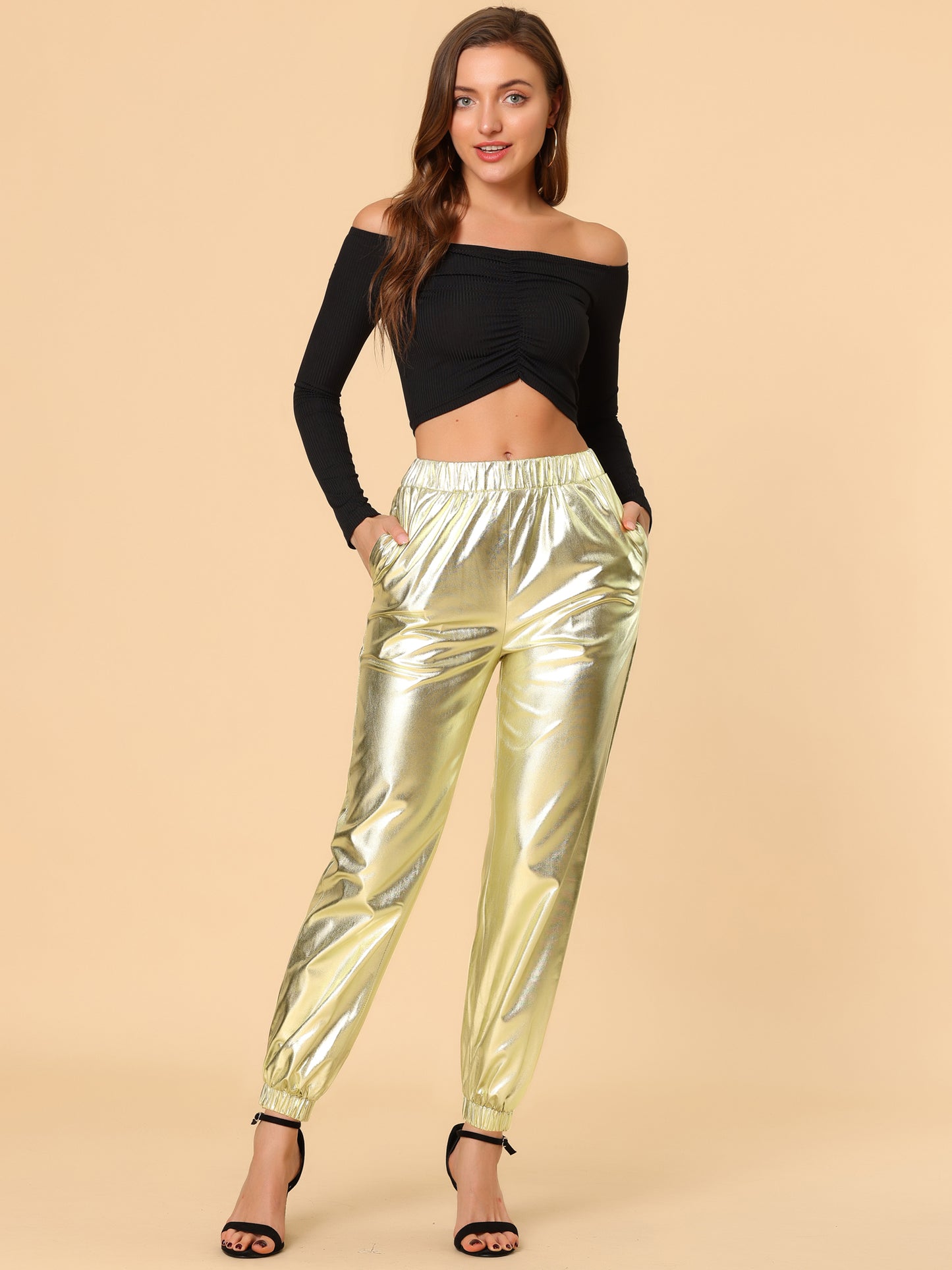 Women's Metallic Trousers Festive Shiny Sparkle Elastic Waist Holographic Pants (Available in Plus Size)