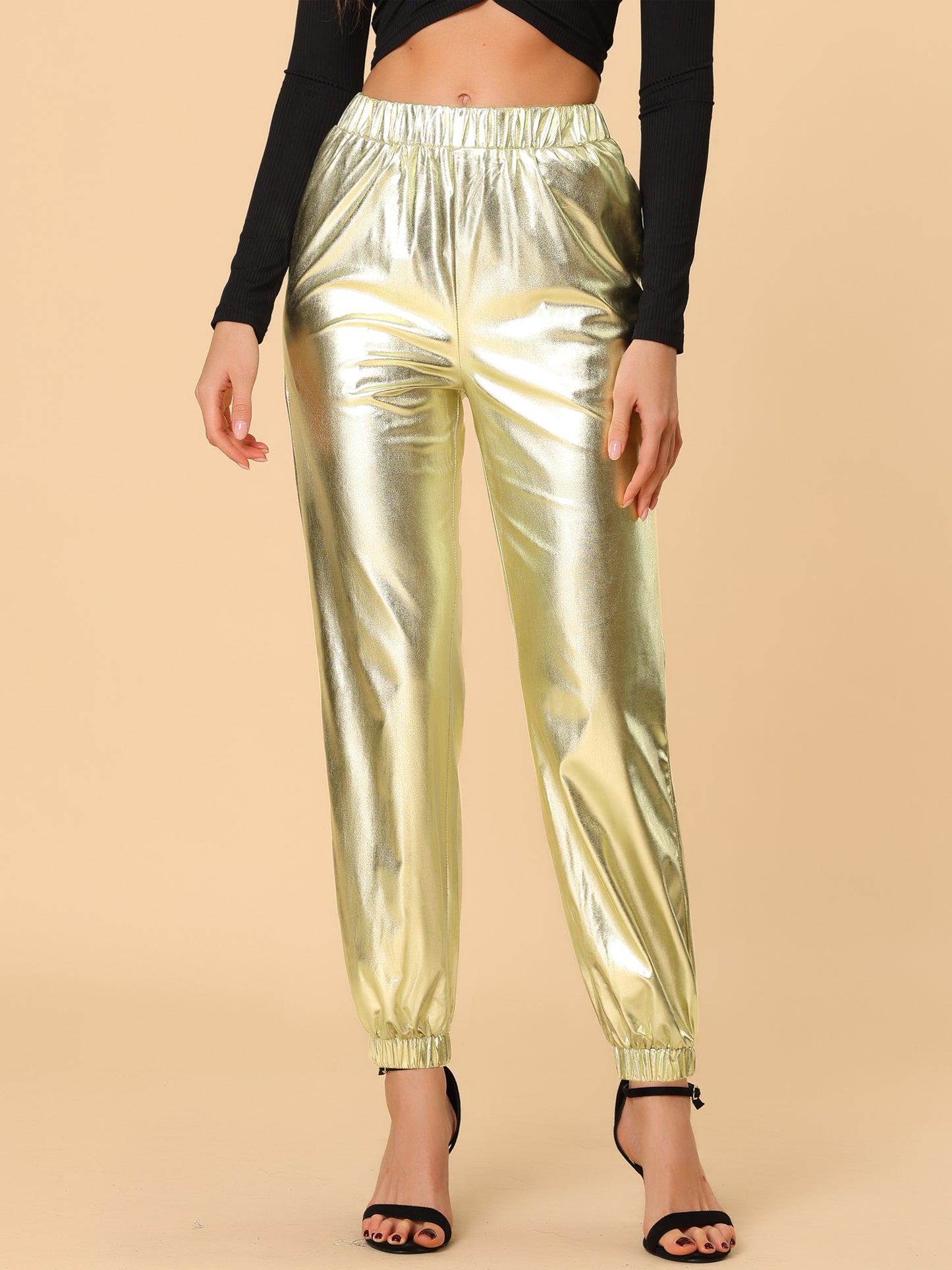 Women's Metallic Trousers Festive Shiny Sparkle Elastic Waist Holographic Pants (Available in Plus Size)