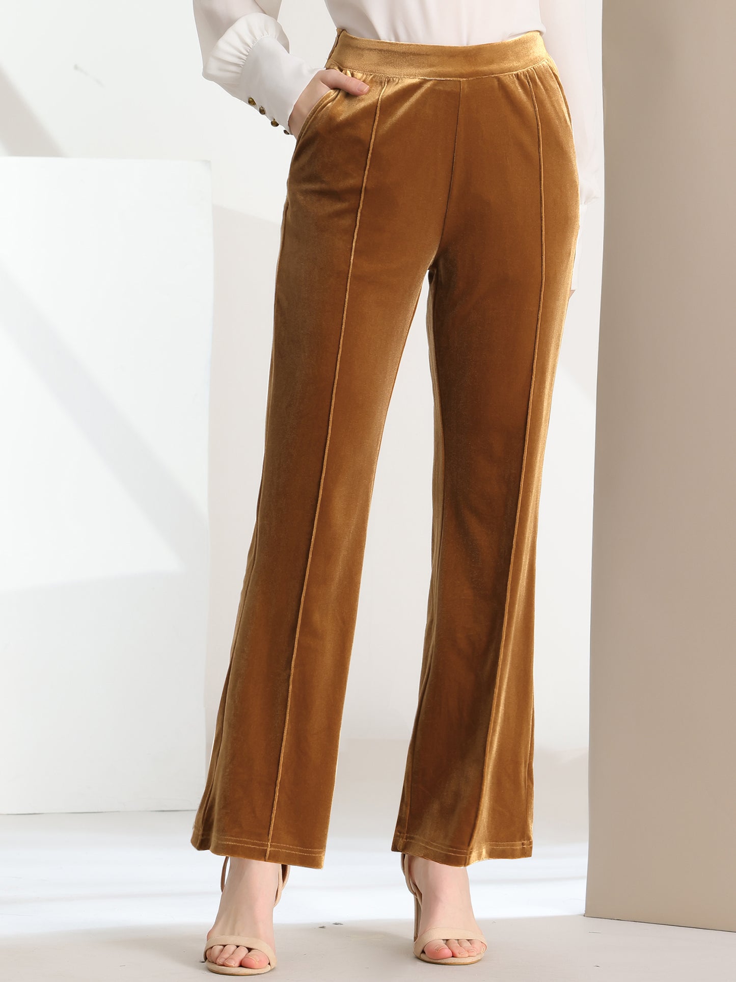 Pantalones de terciopelo para mujer con bolsillos, elegantes pantalones de trabajo de cintura alta y pierna acampanada