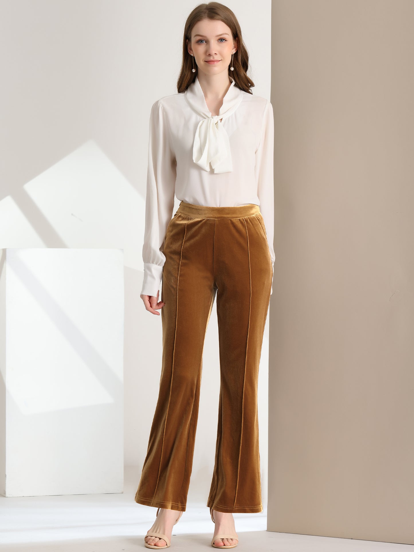 Pantalones de terciopelo para mujer con bolsillos, elegantes pantalones de trabajo de cintura alta y pierna acampanada