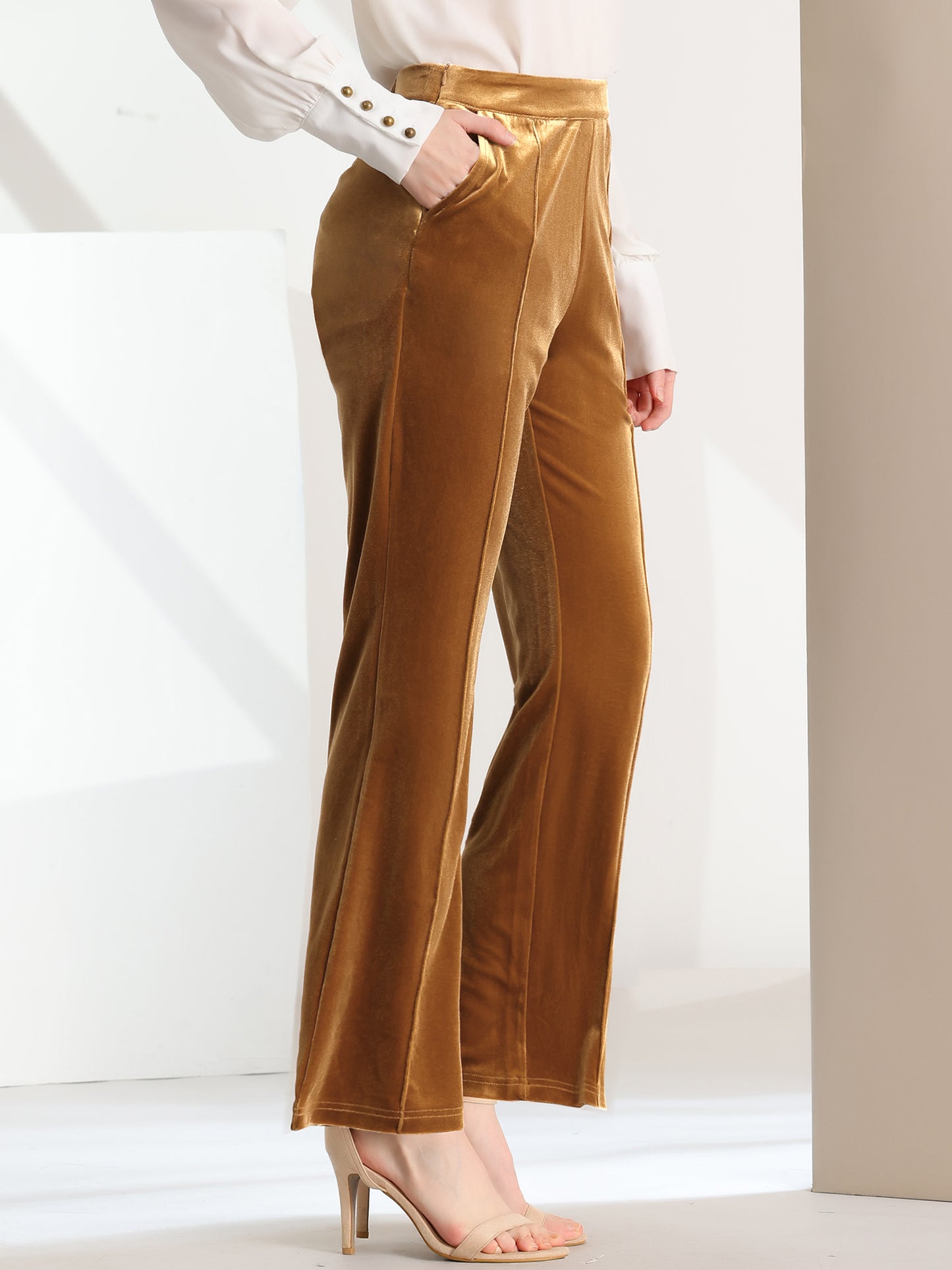 Pantalones de terciopelo para mujer con bolsillos, elegantes pantalones de trabajo de cintura alta y pierna acampanada