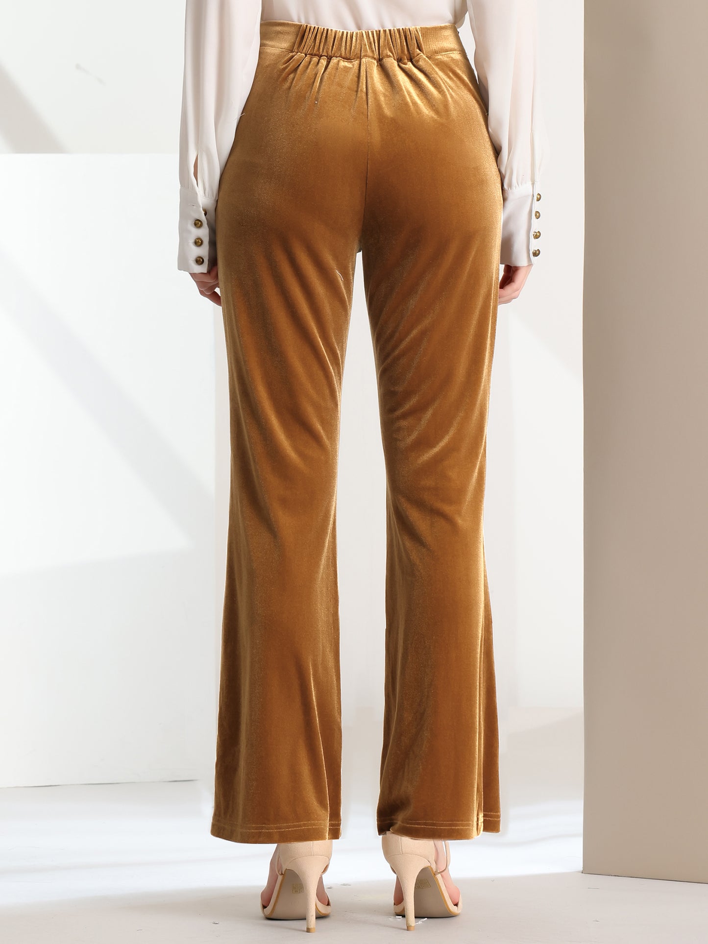Pantalones de terciopelo para mujer con bolsillos, elegantes pantalones de trabajo de cintura alta y pierna acampanada