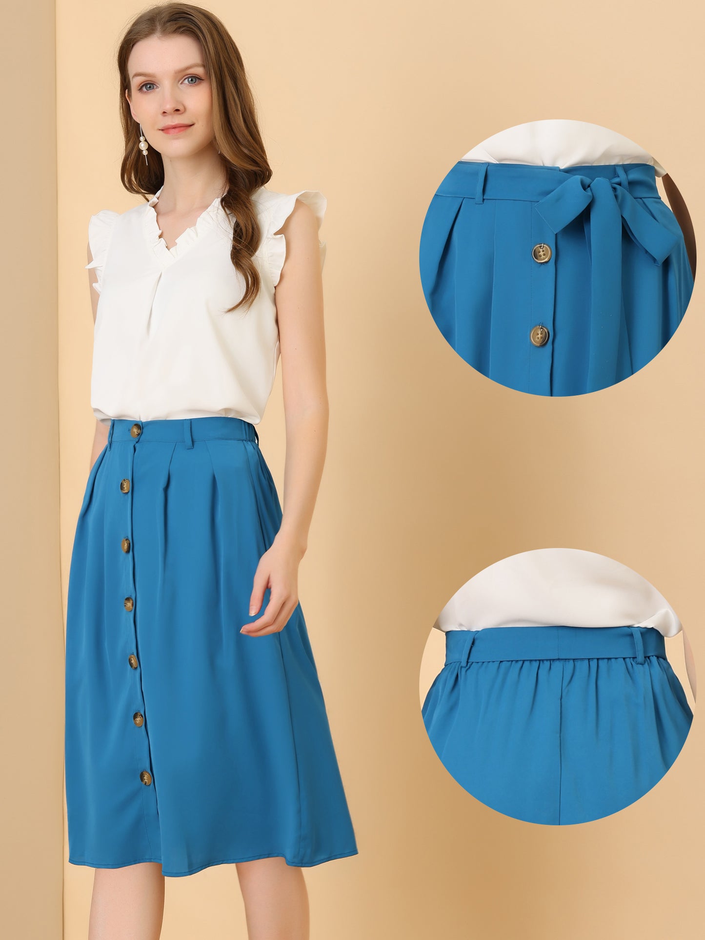 Women's High Waist Button Front Belted A-Line Casual Midi Skirt