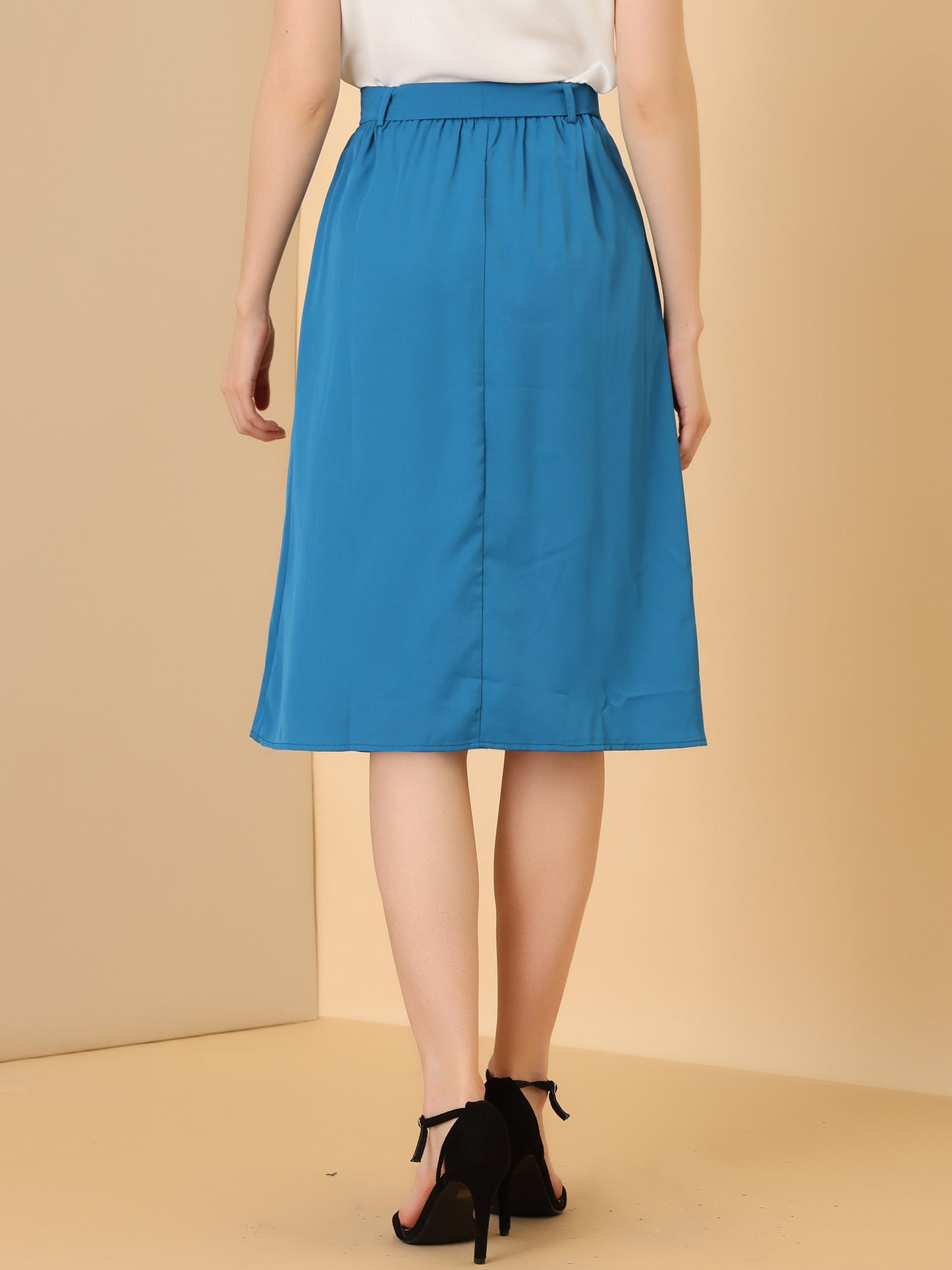 Women's High Waist Button Front Belted A-Line Casual Midi Skirt