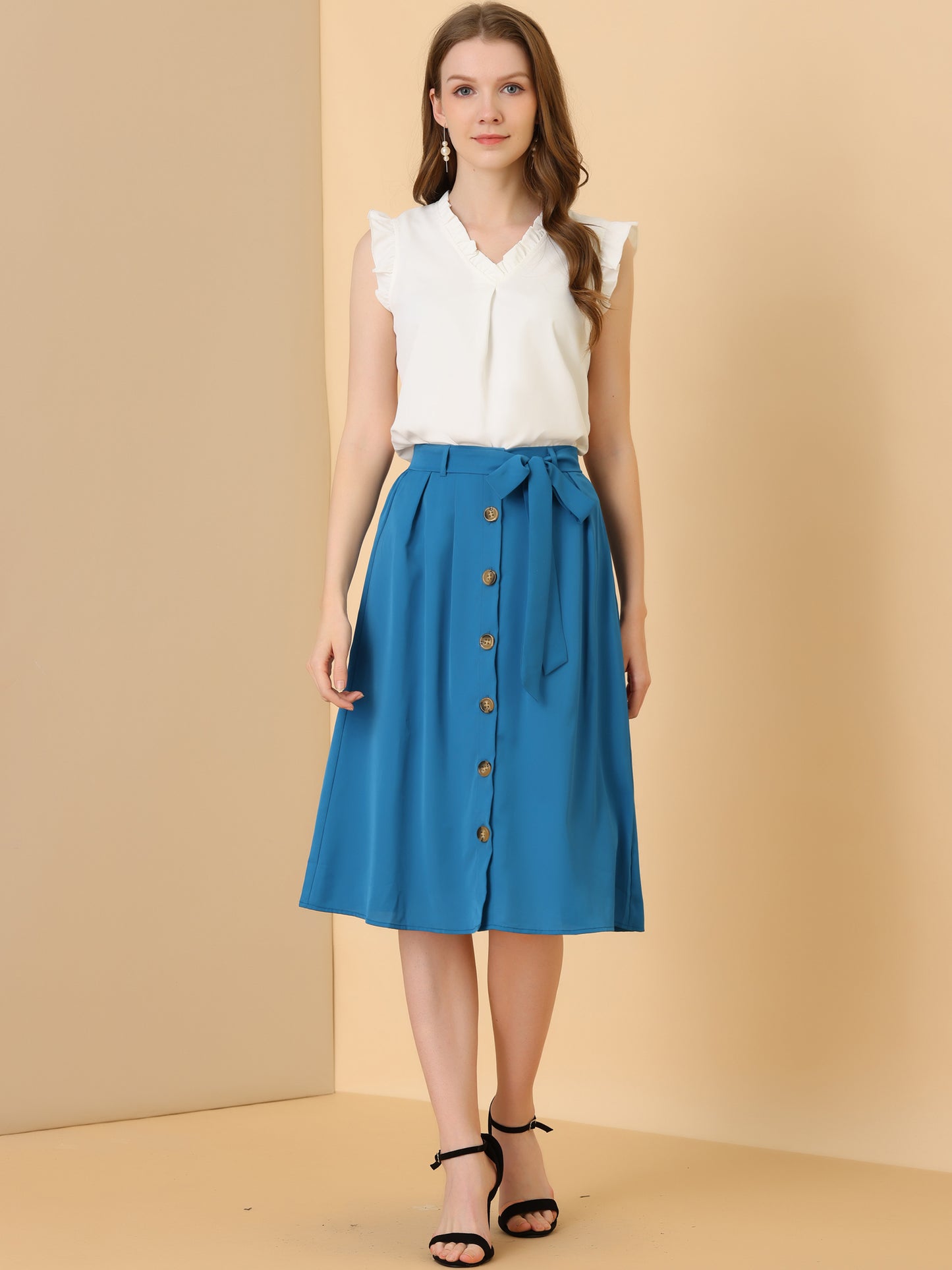 Women's High Waist Button Front Belted A-Line Casual Midi Skirt