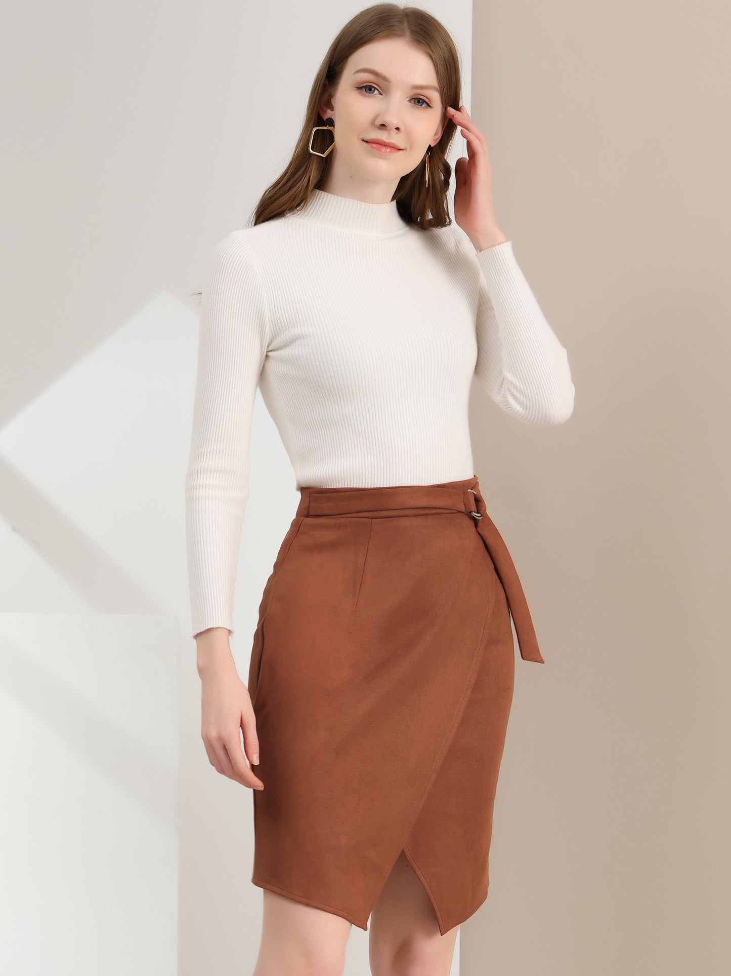 Falda de gamuza sintética para mujer, con abertura frontal, cruzada, hasta la rodilla, estilo lápiz