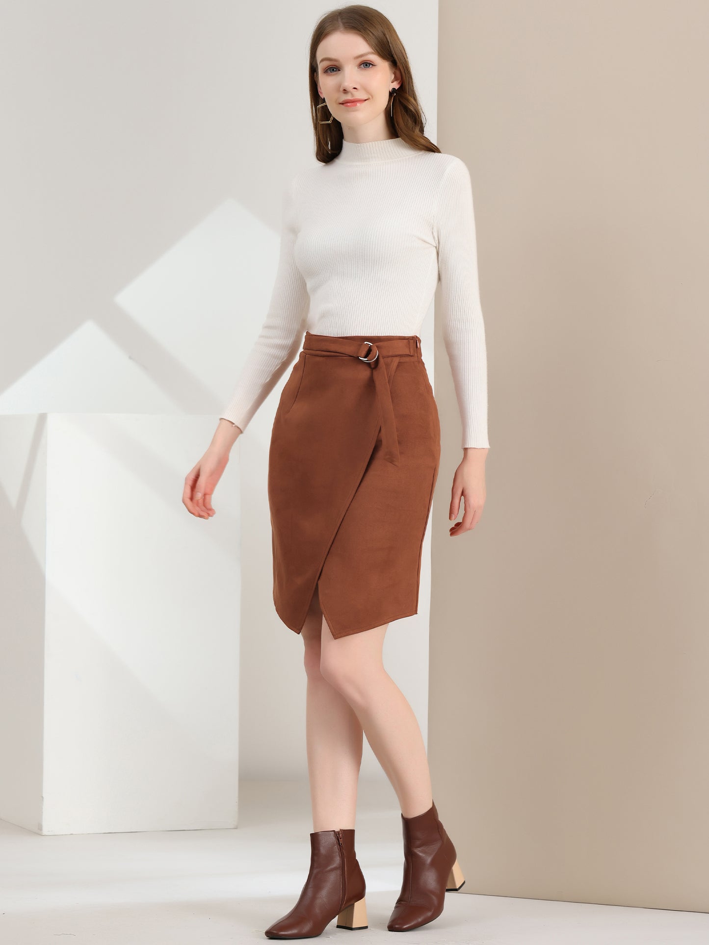 Falda de gamuza sintética para mujer, con abertura frontal, cruzada, hasta la rodilla, estilo lápiz