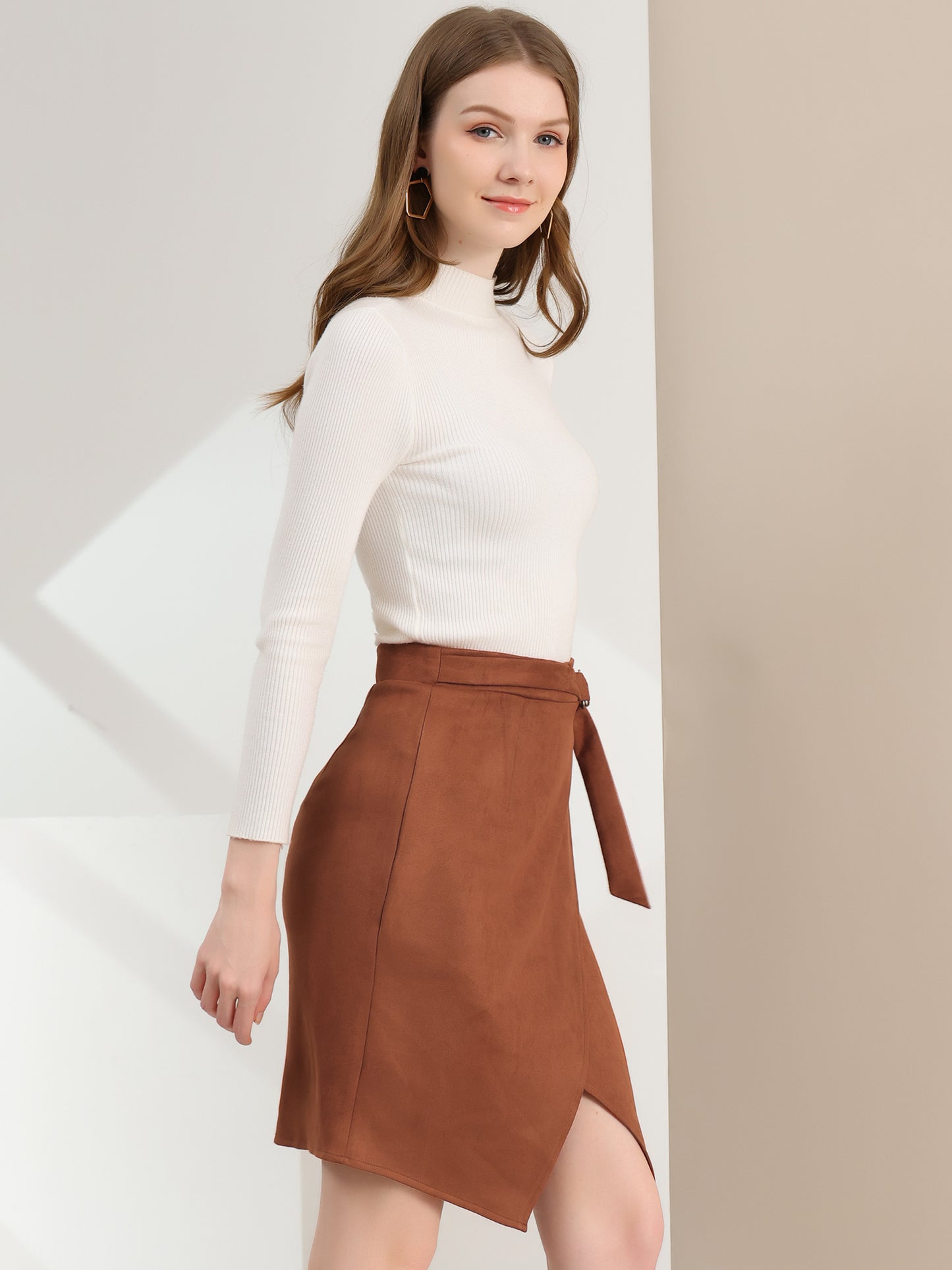 Falda de gamuza sintética para mujer, con abertura frontal, cruzada, hasta la rodilla, estilo lápiz