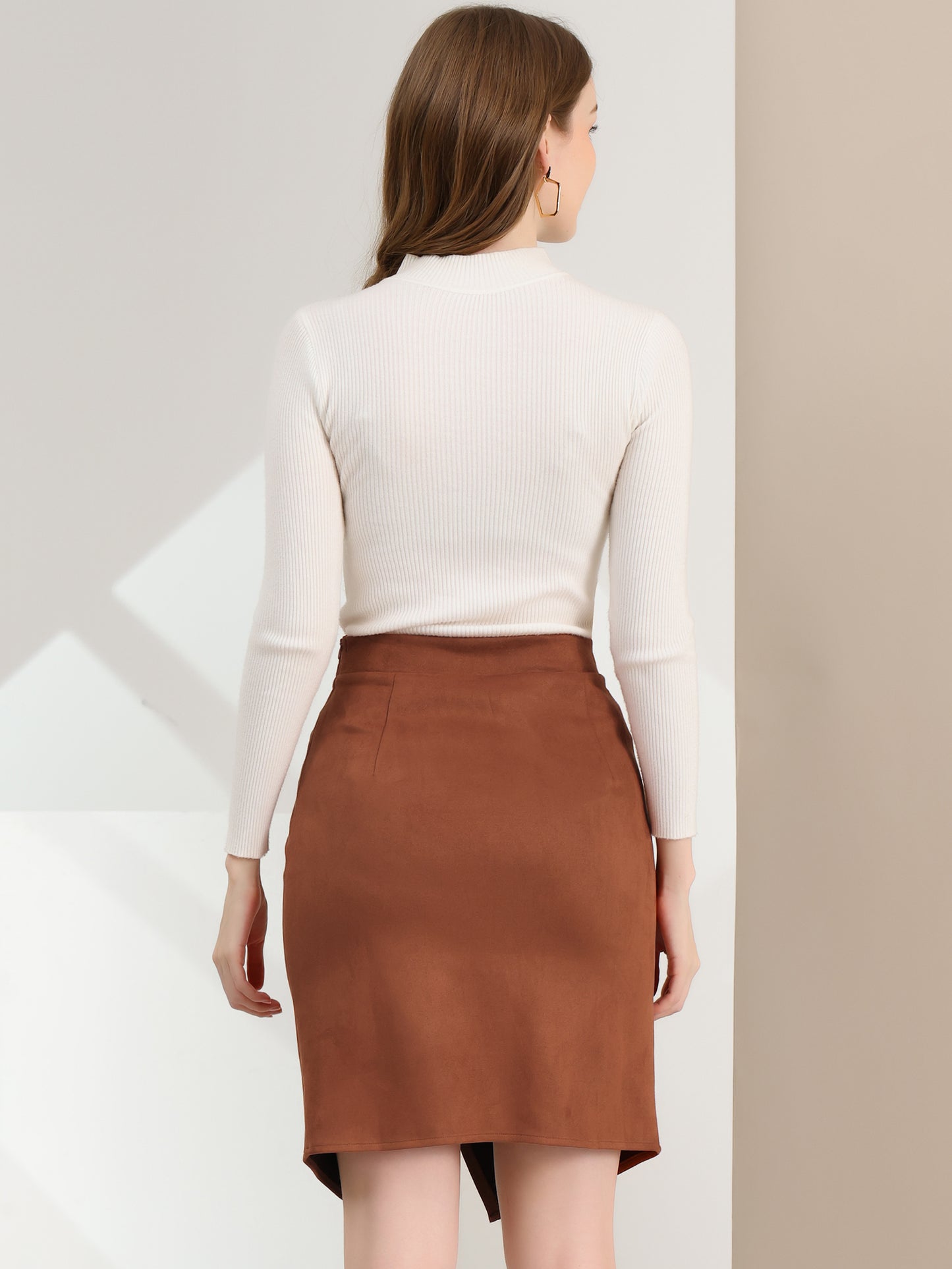 Falda de gamuza sintética para mujer, con abertura frontal, cruzada, hasta la rodilla, estilo lápiz