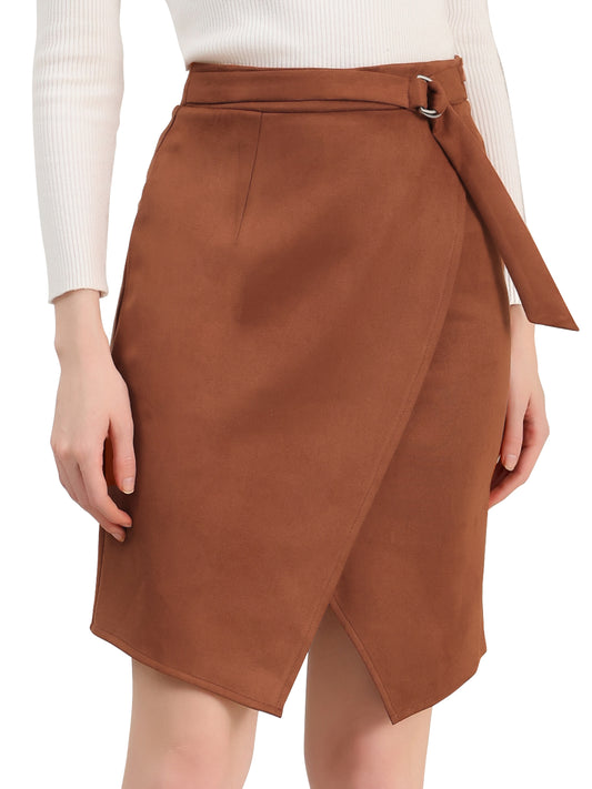 Women's Faux Suede Skirt Fall Front Slit Faux Wrap Knee Length Pencil Skirts