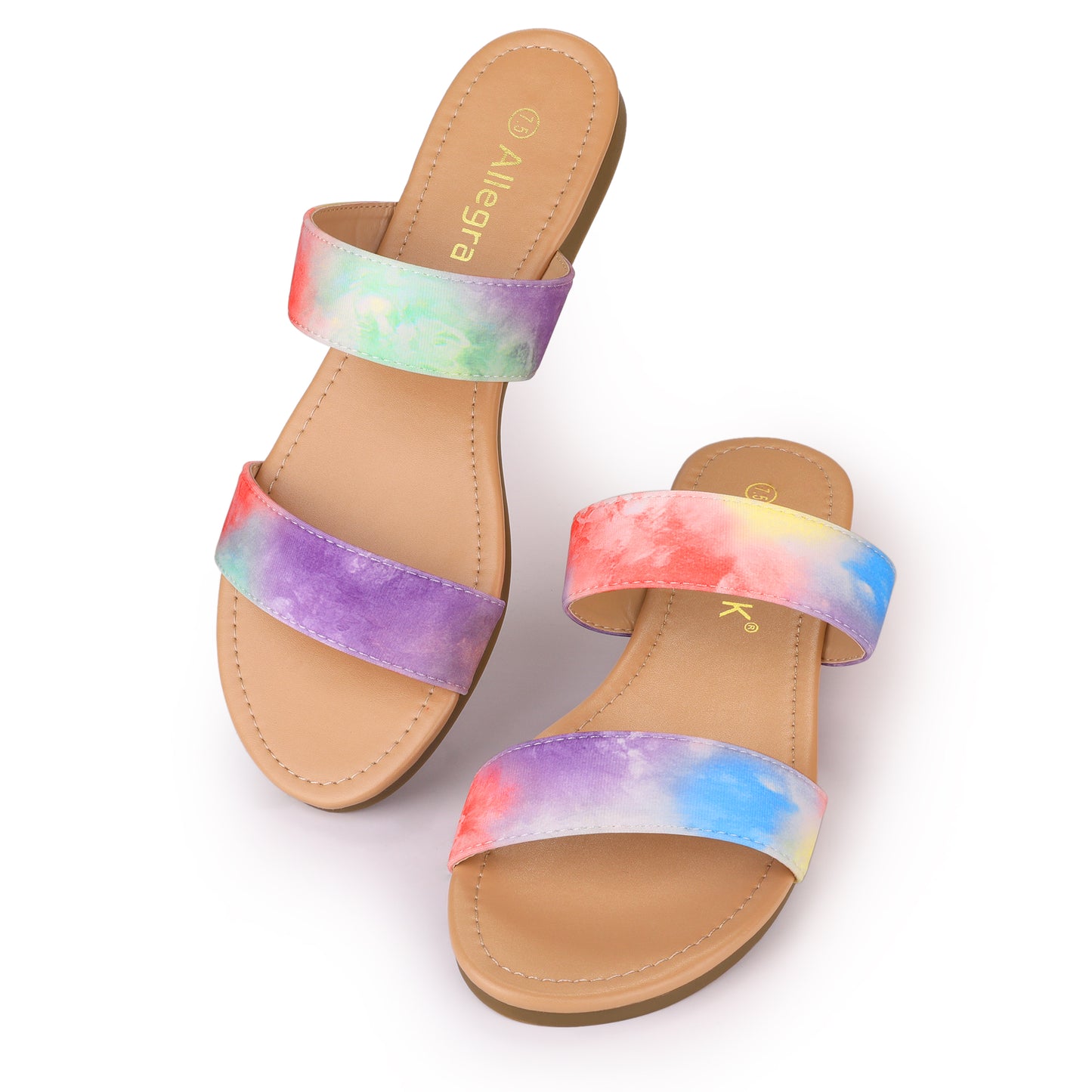 Women's Tie Dye Dual Straps Slip On Fluorescent Slides Flats Sandals
