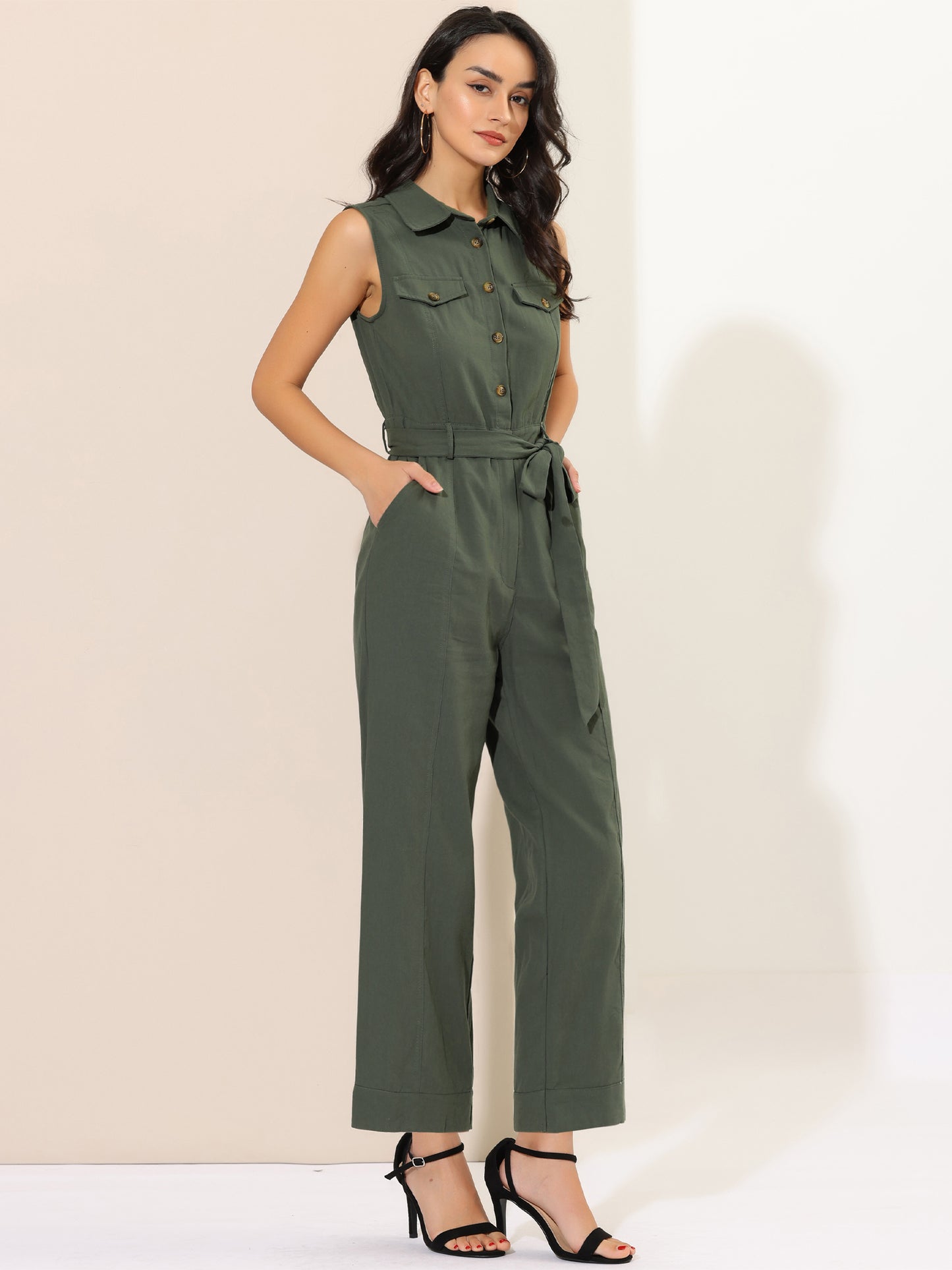 Women's Wide Leg Jumpsuit Sleeveless Collared Tie Waist Coverall Button Down Cargo Jumpsuits