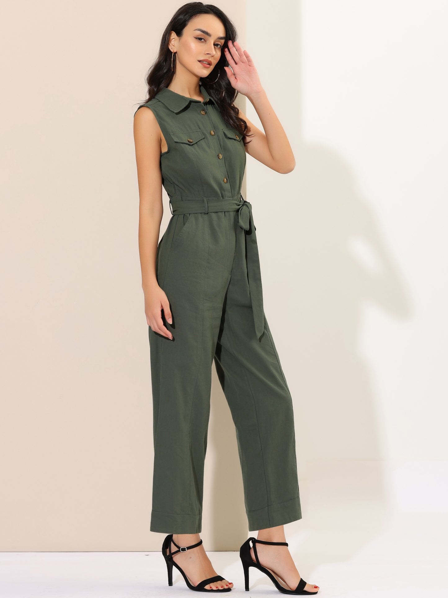 Women's Wide Leg Jumpsuit Sleeveless Collared Tie Waist Coverall Button Down Cargo Jumpsuits