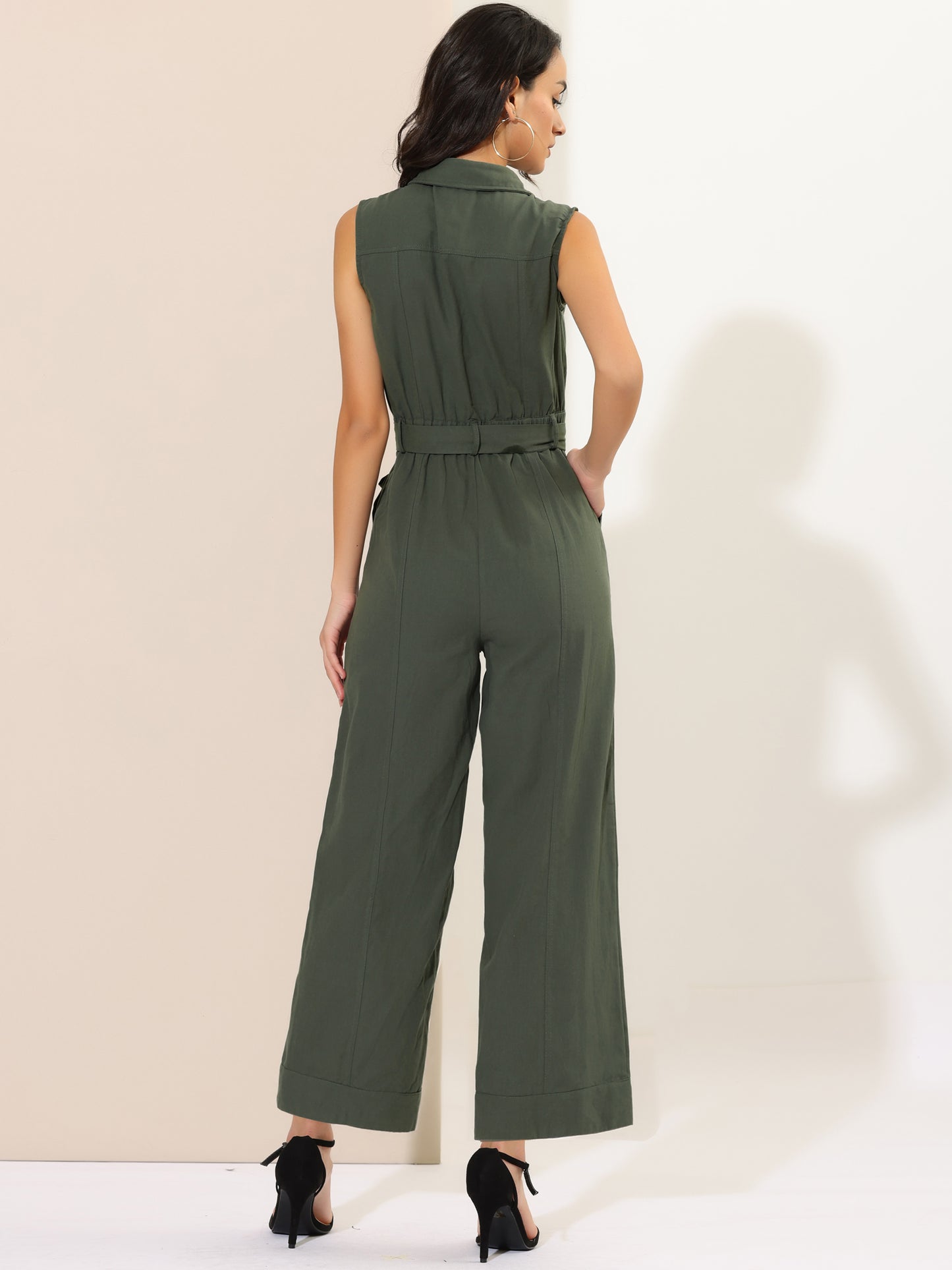 Women's Wide Leg Jumpsuit Sleeveless Collared Tie Waist Coverall Button Down Cargo Jumpsuits