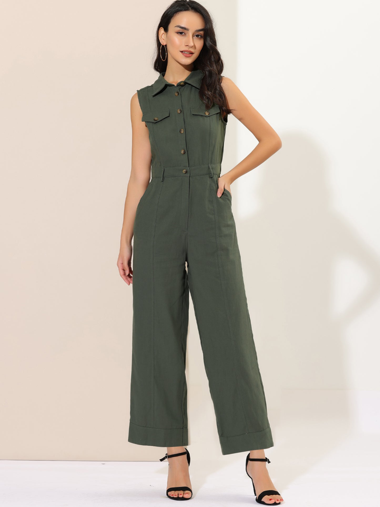 Women's Wide Leg Jumpsuit Sleeveless Collared Tie Waist Coverall Button Down Cargo Jumpsuits
