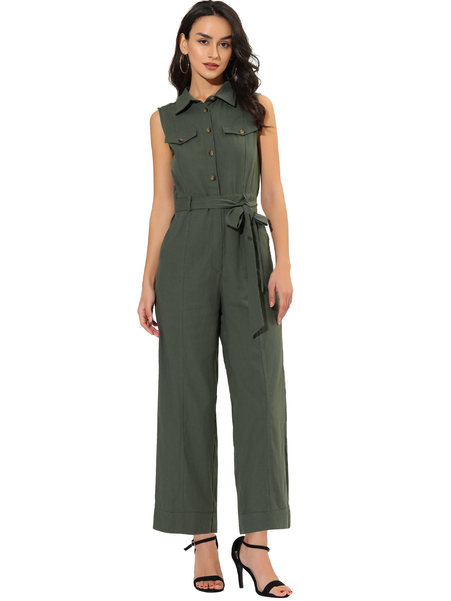 Women's Wide Leg Jumpsuit Sleeveless Collared Tie Waist Coverall Button Down Cargo Jumpsuits