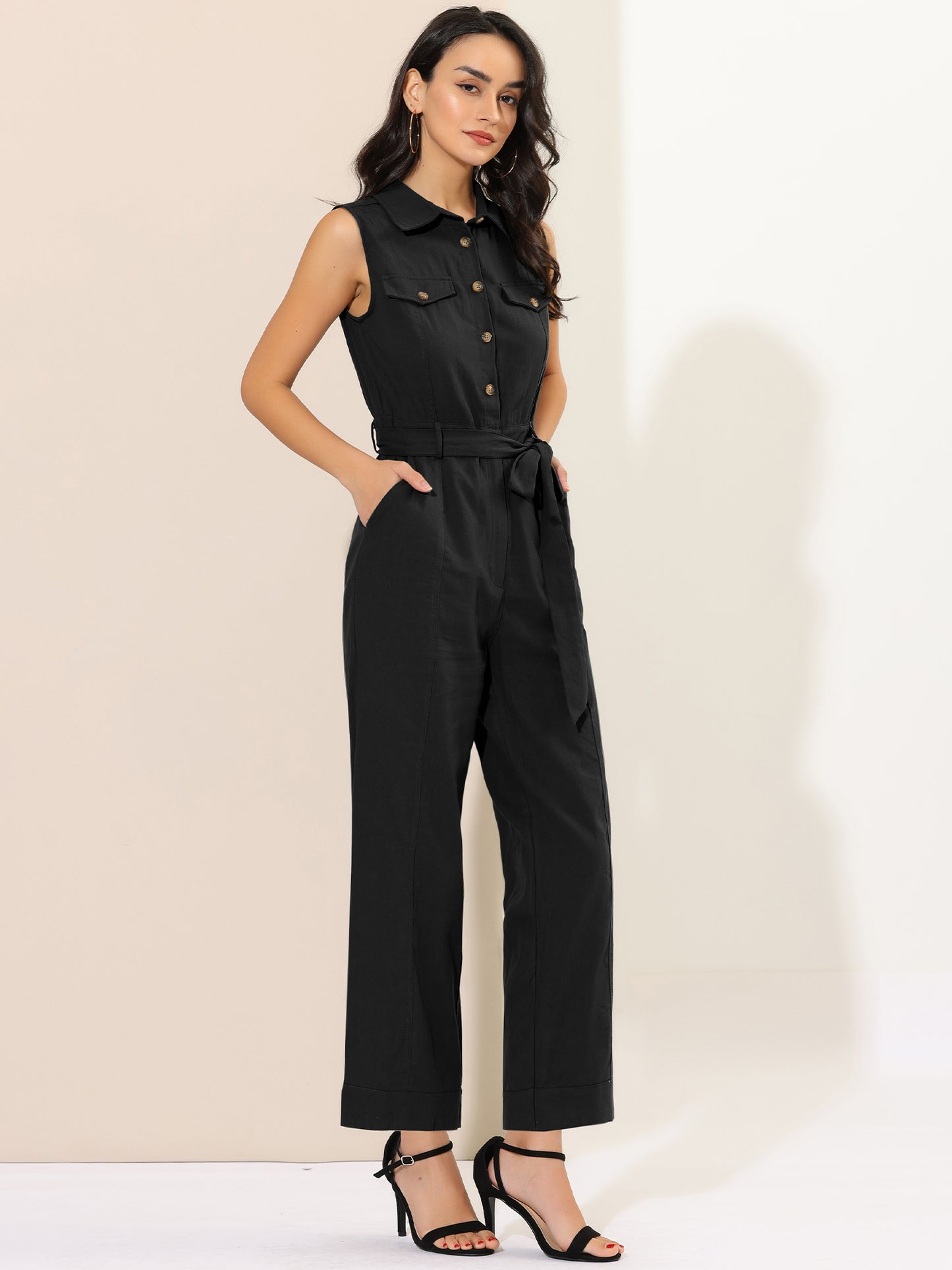 Women's Wide Leg Jumpsuit Sleeveless Collared Tie Waist Coverall Button Down Cargo Jumpsuits