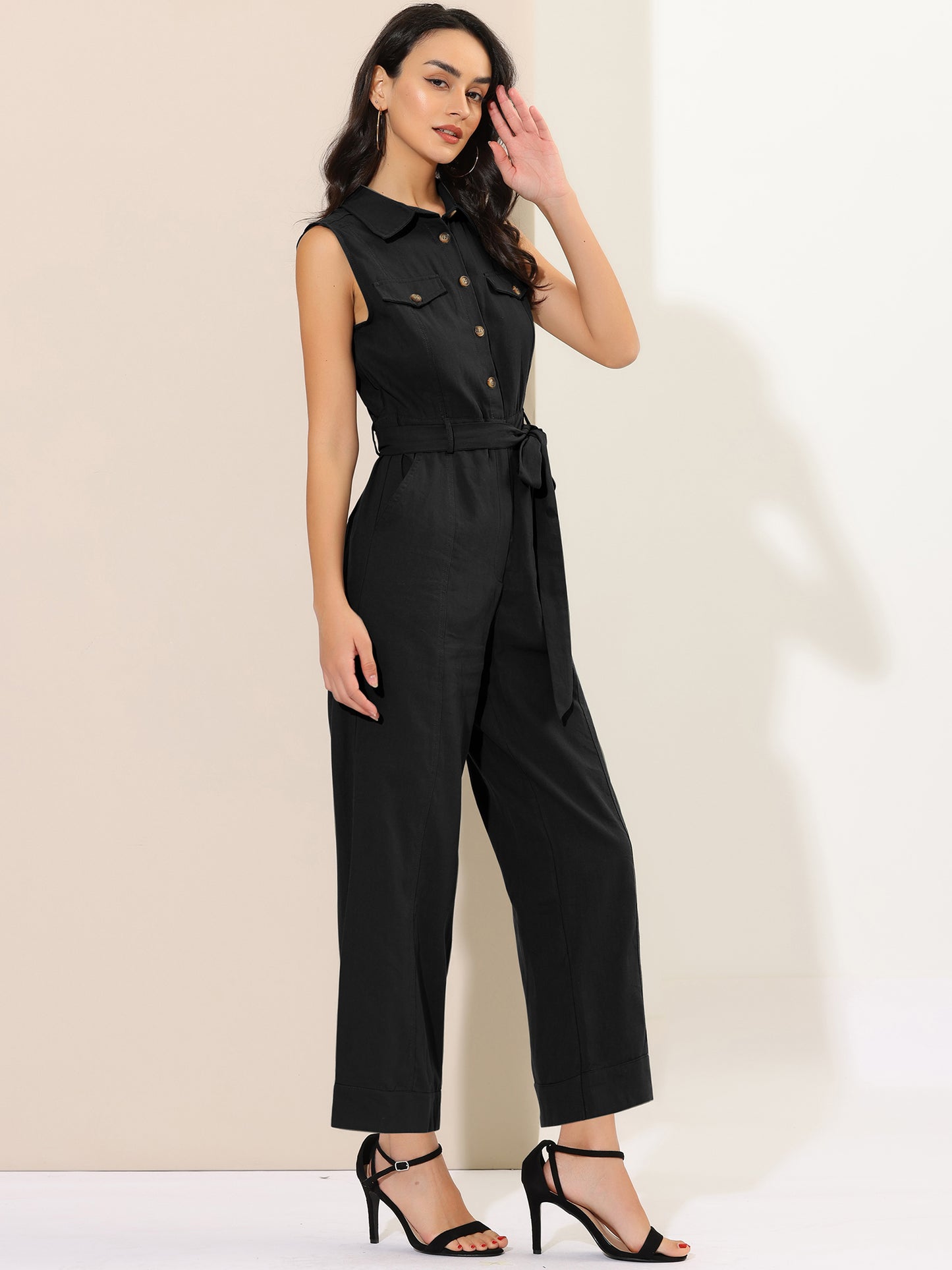 Women's Wide Leg Jumpsuit Sleeveless Collared Tie Waist Coverall Button Down Cargo Jumpsuits