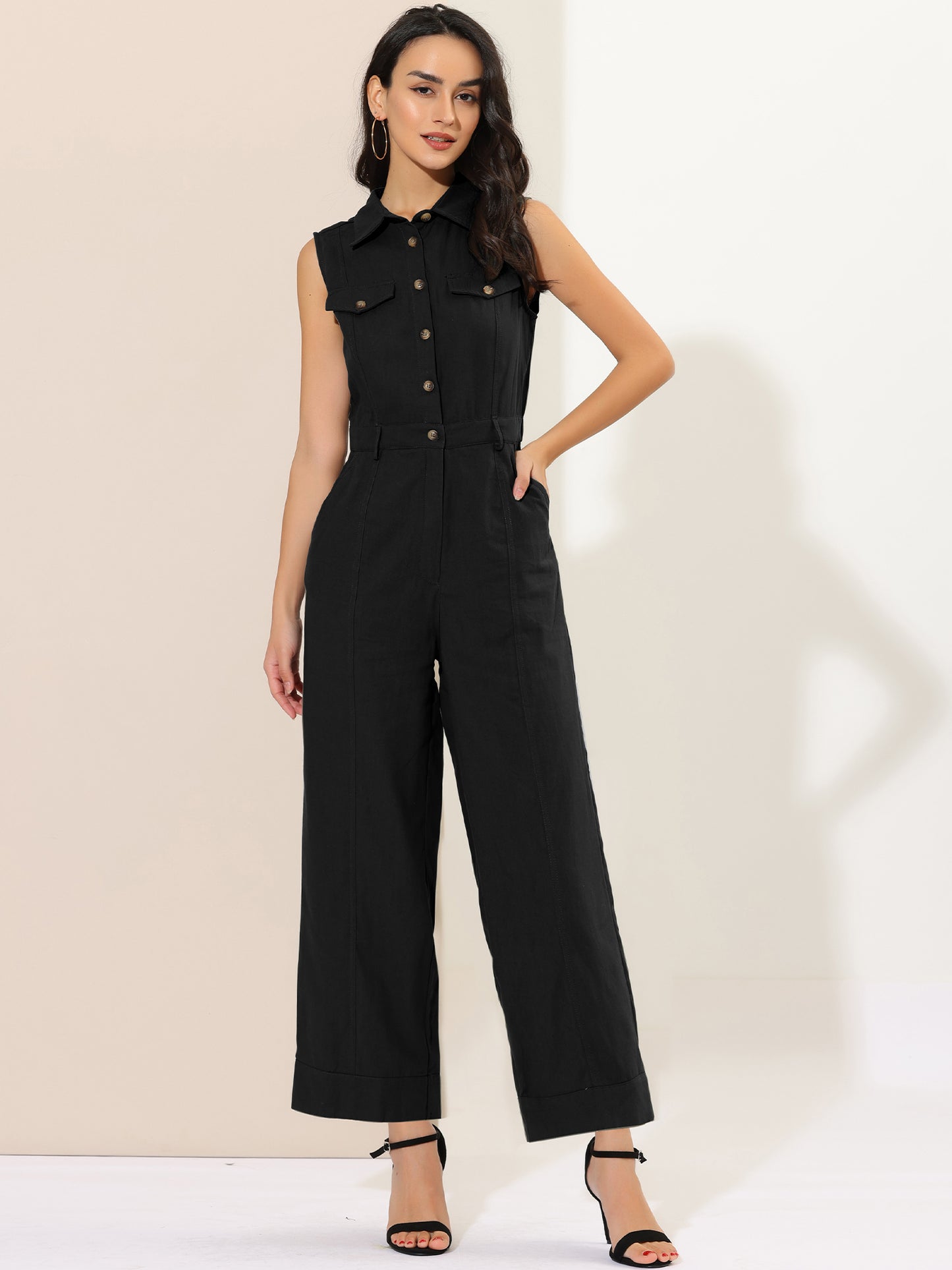 Women's Wide Leg Jumpsuit Sleeveless Collared Tie Waist Coverall Button Down Cargo Jumpsuits