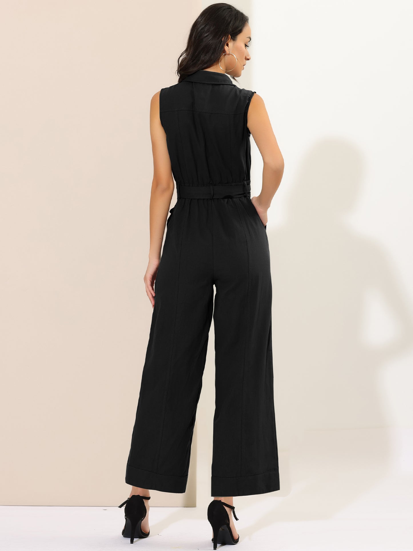 Women's Wide Leg Jumpsuit Sleeveless Collared Tie Waist Coverall Button Down Cargo Jumpsuits