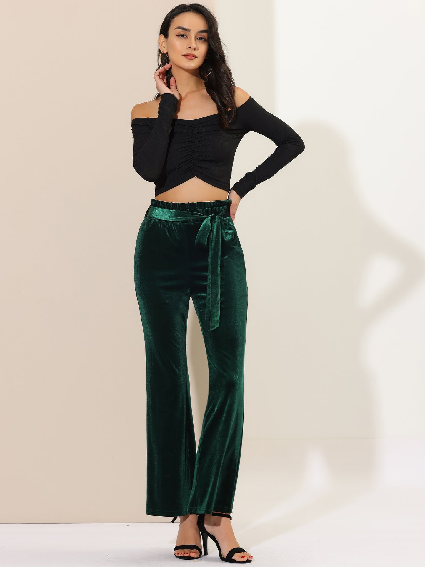 Pantalones de terciopelo para mujer, elásticos, de pierna ancha y con bolsillos, para Halloween