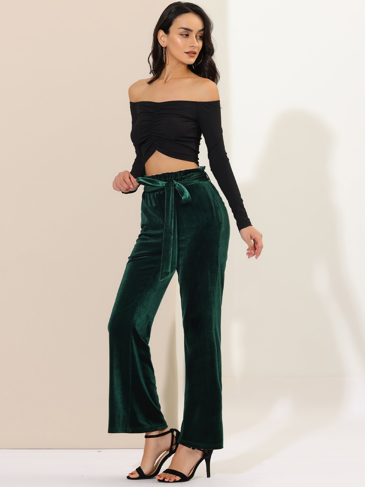 Pantalones de terciopelo para mujer, elásticos, de pierna ancha y con bolsillos, para Halloween