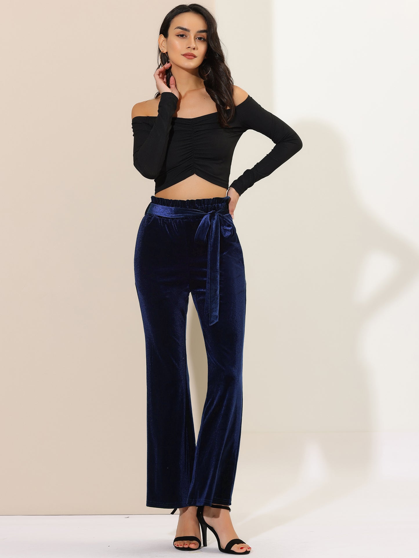 Pantalones de terciopelo para mujer, elásticos, de pierna ancha y con bolsillos, para Halloween