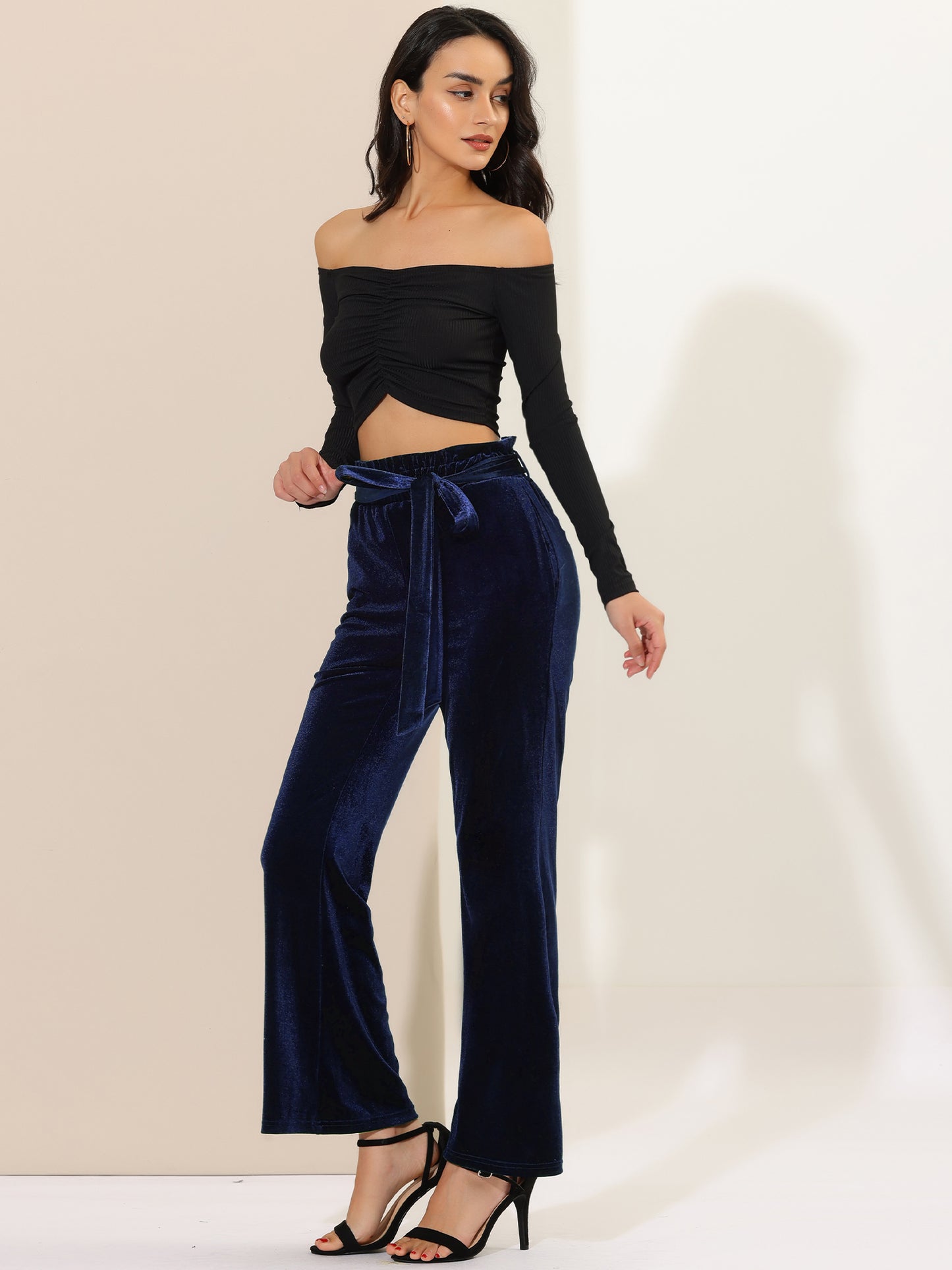 Pantalones de terciopelo para mujer, elásticos, de pierna ancha y con bolsillos, para Halloween