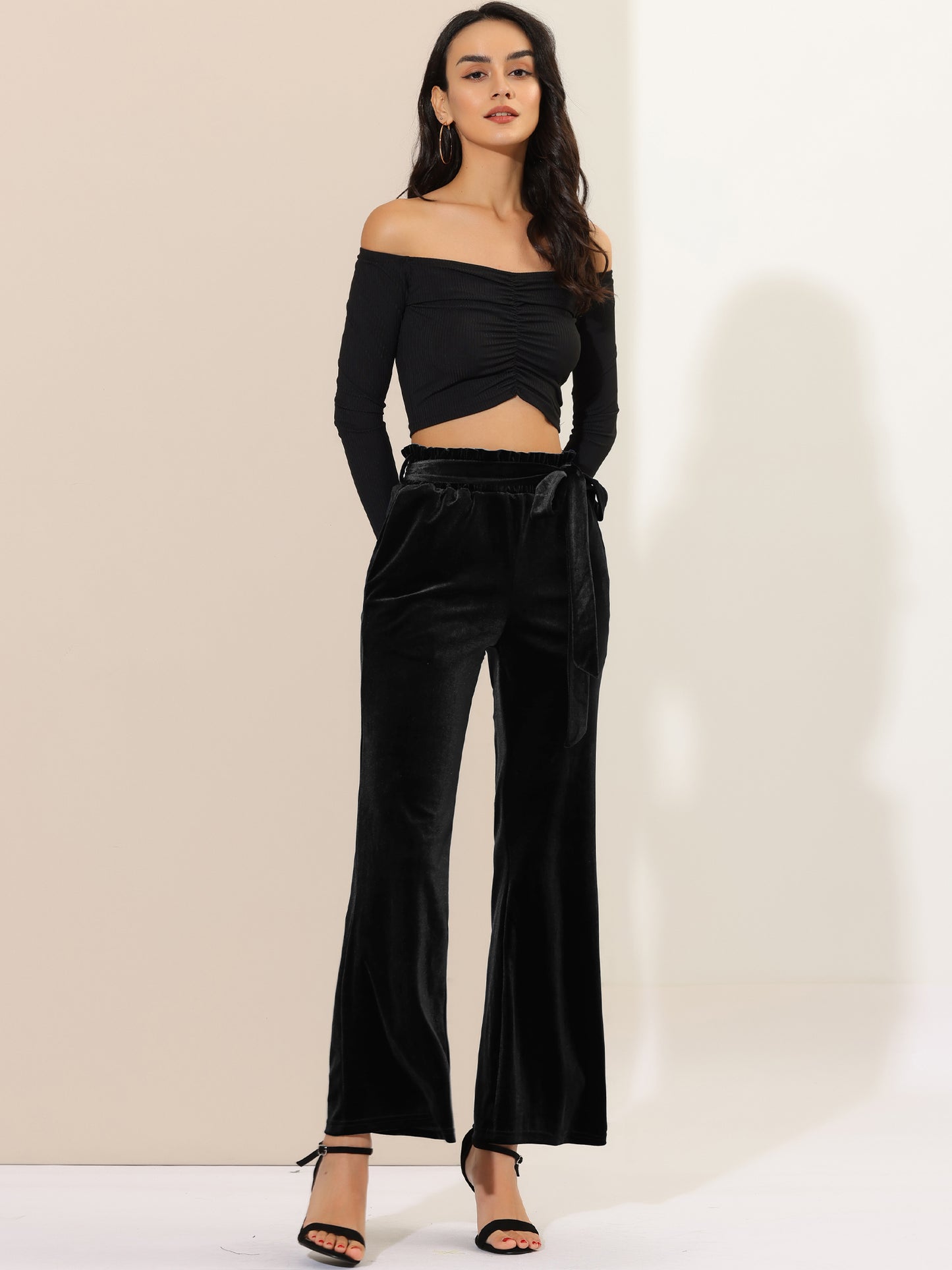 Pantalones de terciopelo para mujer, elásticos, de pierna ancha y con bolsillos, para Halloween