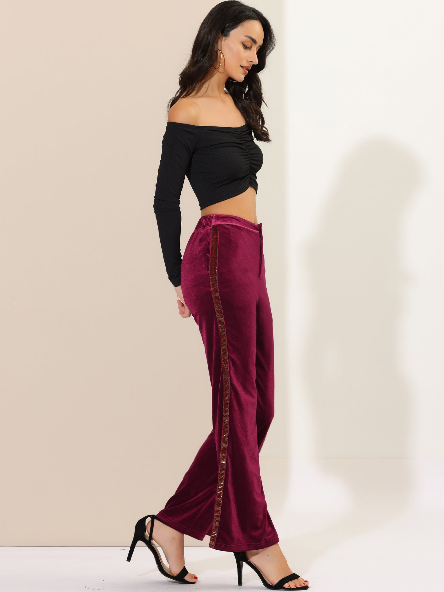 Women's Bell Bottom Pants Shiny Stripe Side Wide Leg Velvet Flared Pants with Pockets