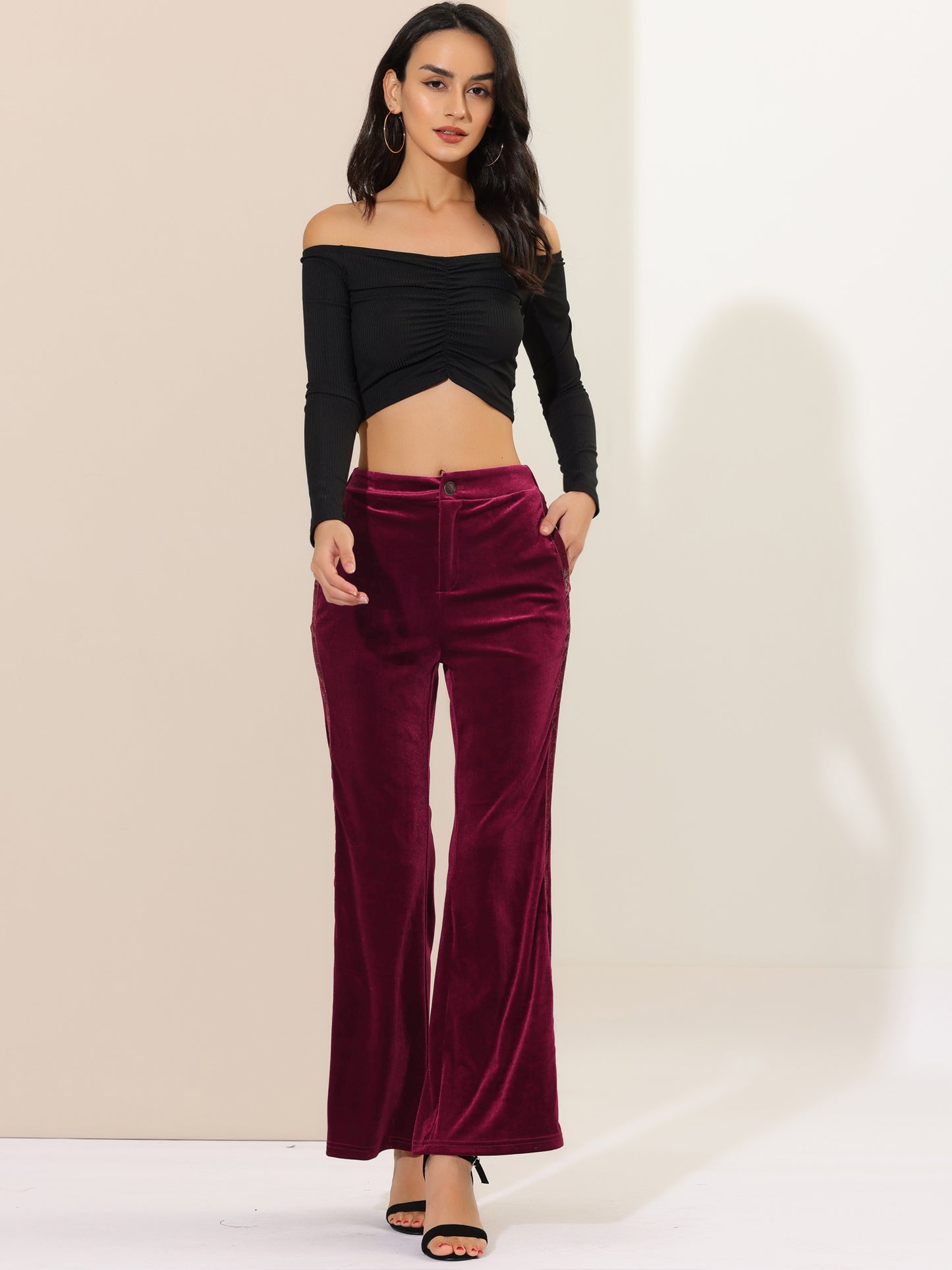 Women's Bell Bottom Pants Shiny Stripe Side Wide Leg Velvet Flared Pants with Pockets