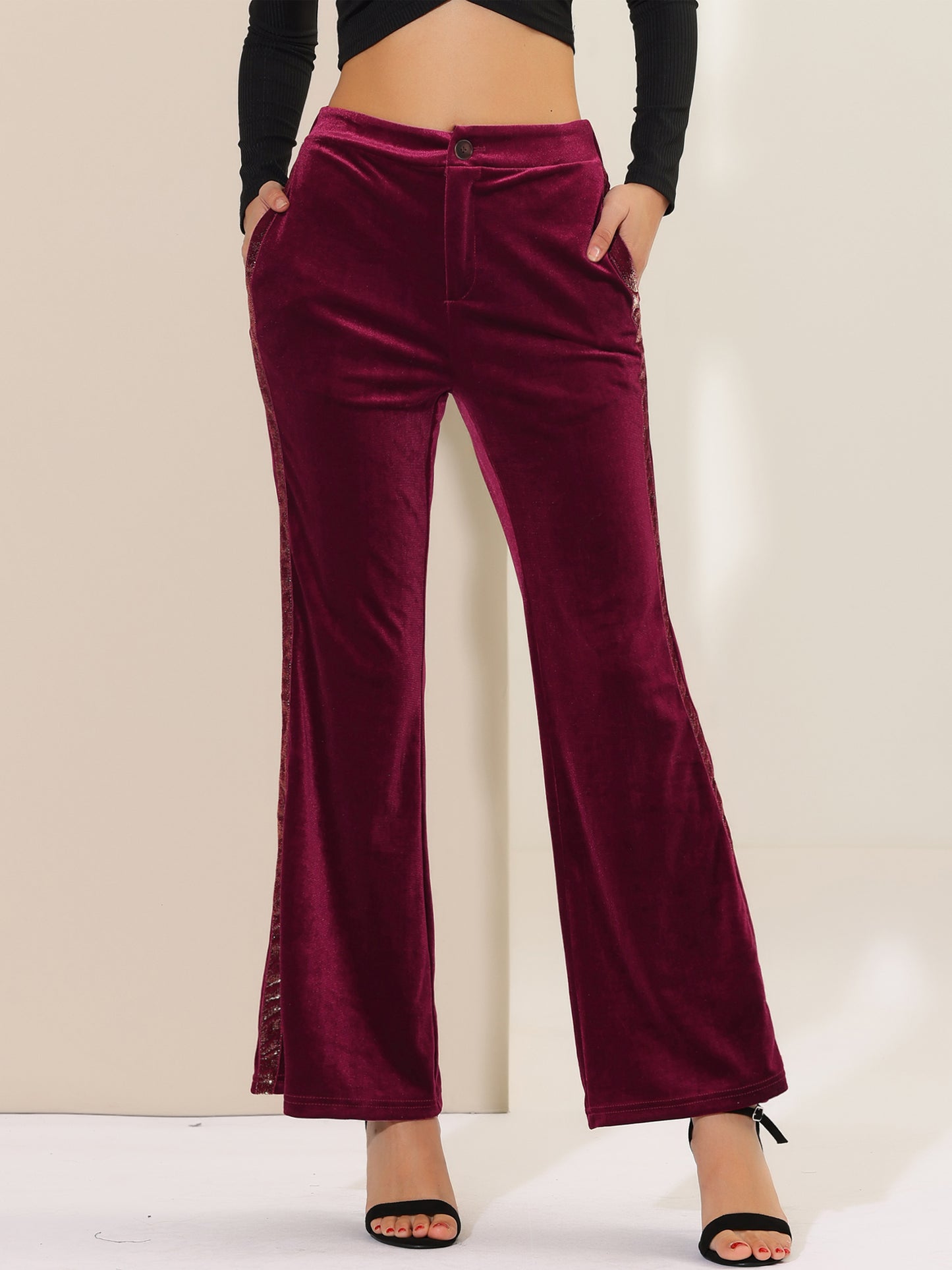 Women's Bell Bottom Pants Shiny Stripe Side Wide Leg Velvet Flared Pants with Pockets